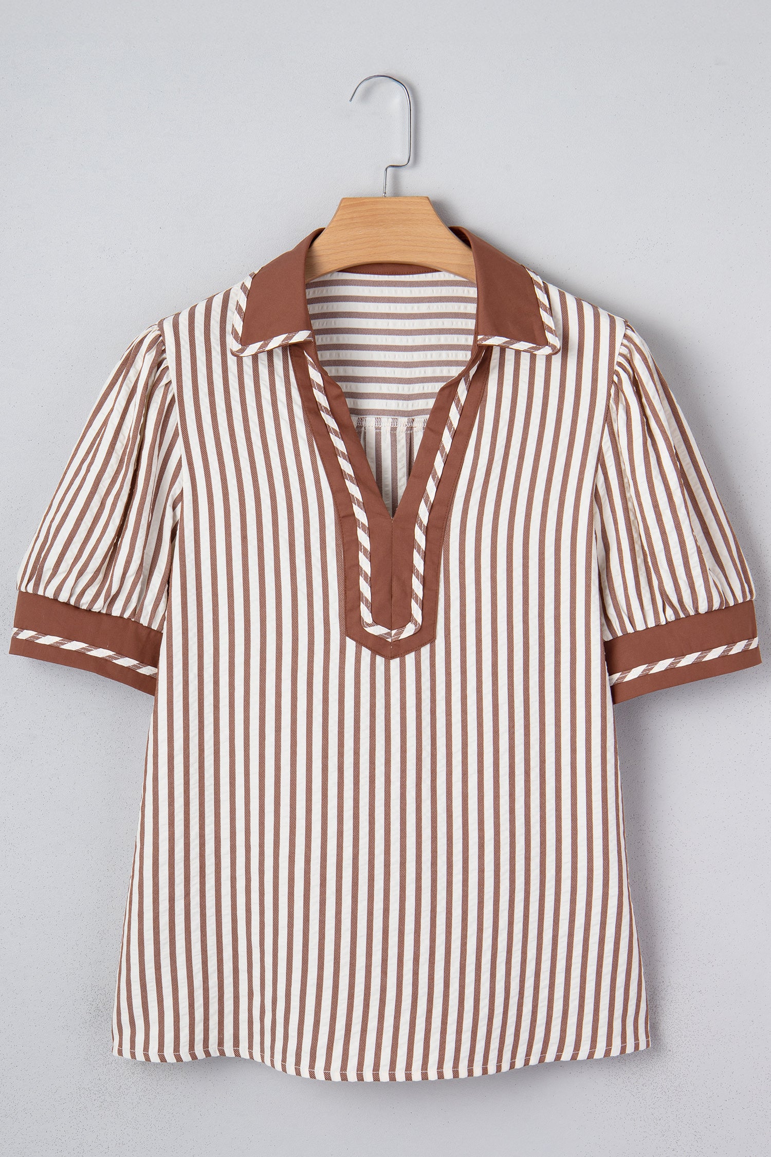 Black Stripe Collared Split Neck Short Bubble Sleeve Blouse