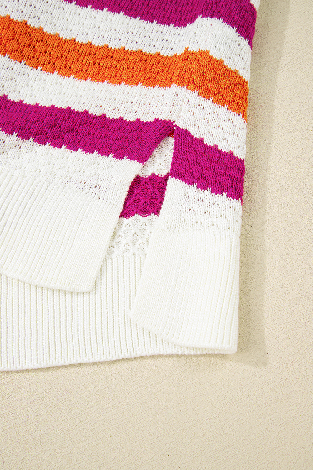 Rose Stripe V Neck Short Sleeve Sweater with Side Slits