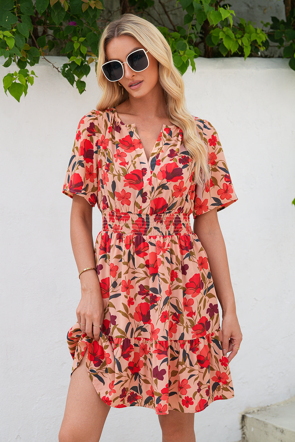 Black Floral Print Wrap V Neck Short Sleeve High Waistband Mini Dress