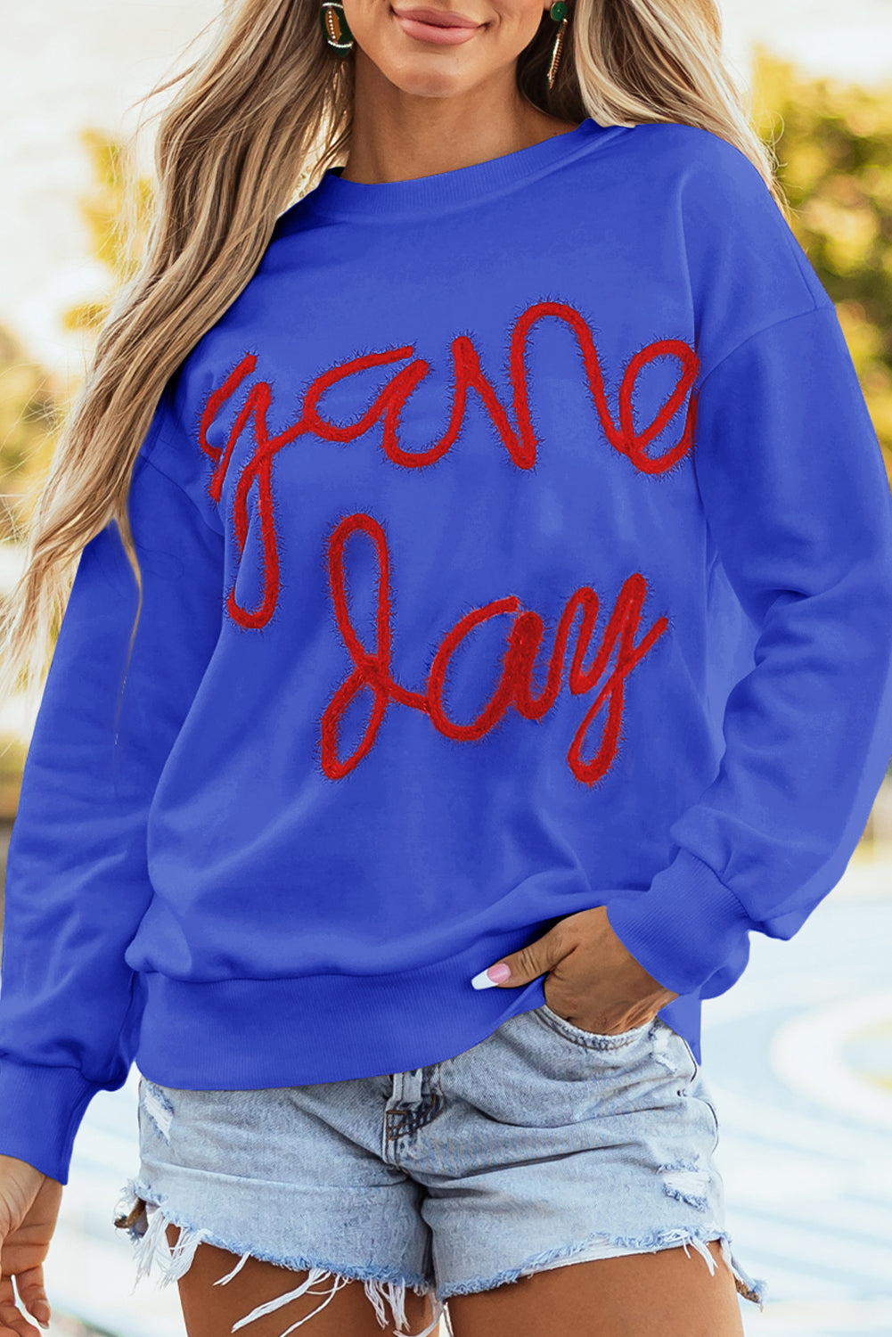 Russet Orange Tinsel Game Day Drop Shoulder Graphic Sweatshirt