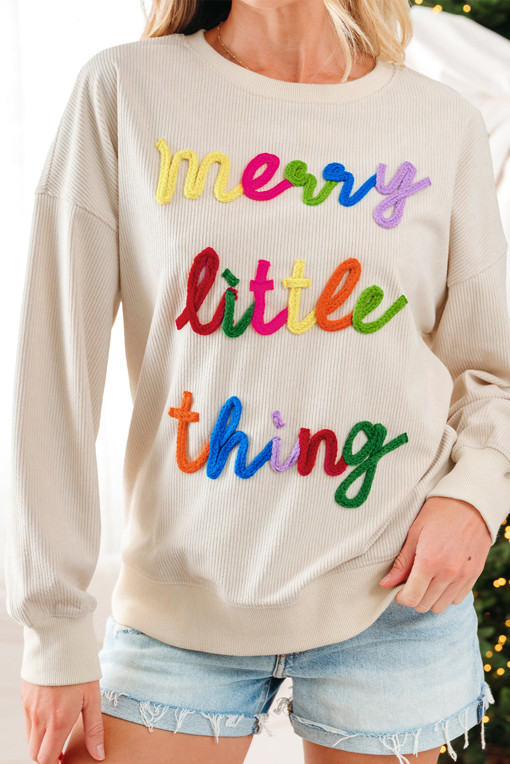 Dark Green merry little thing Corded Letter Graphic Ribbed Loose Sweatshirt