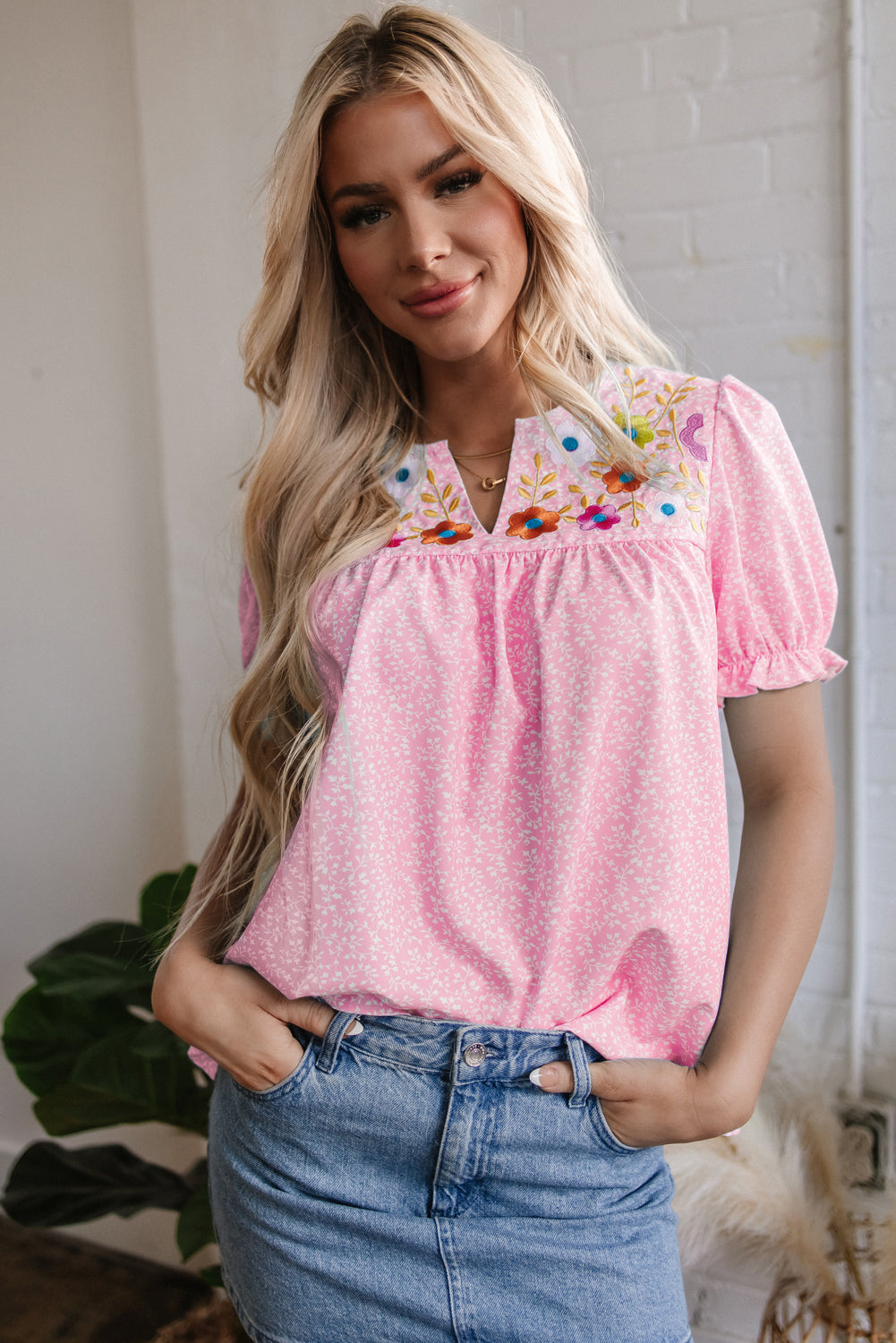 Sky Blue Floral Embroidered Puff Sleeve Notched V Neck Blouse