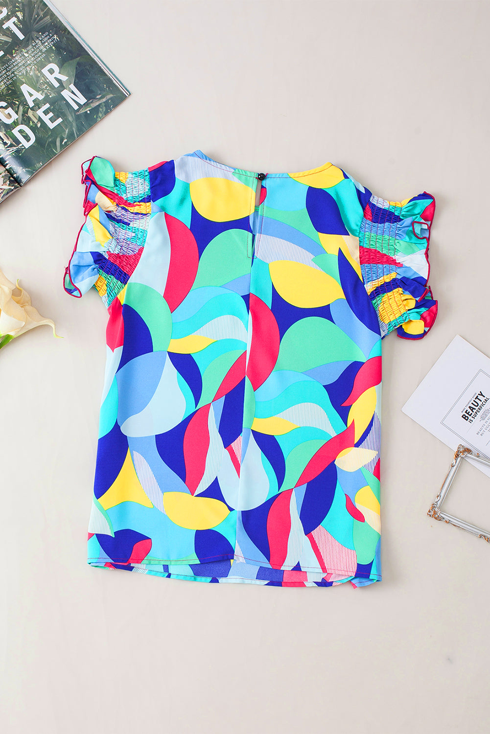 Multicolor Abstract Print Stitching Ruffle Sleeve Blouse