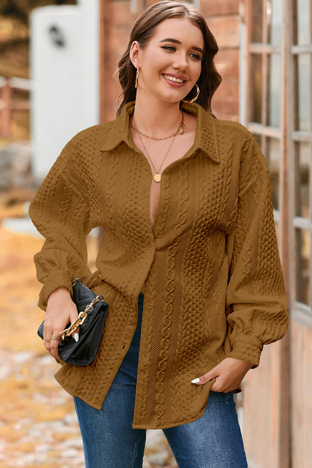 Sepia Rose Cable Texture Puff Sleeve Loose Shacket