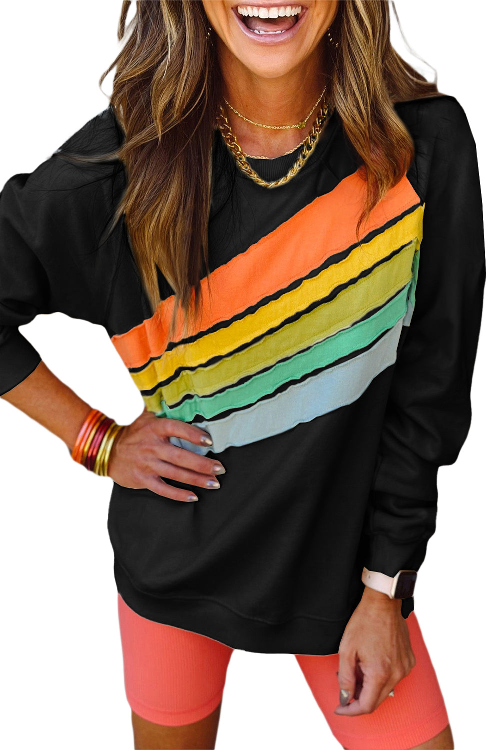 Apricot Rainbow Colorblock Striped Pullover Sweatshirt