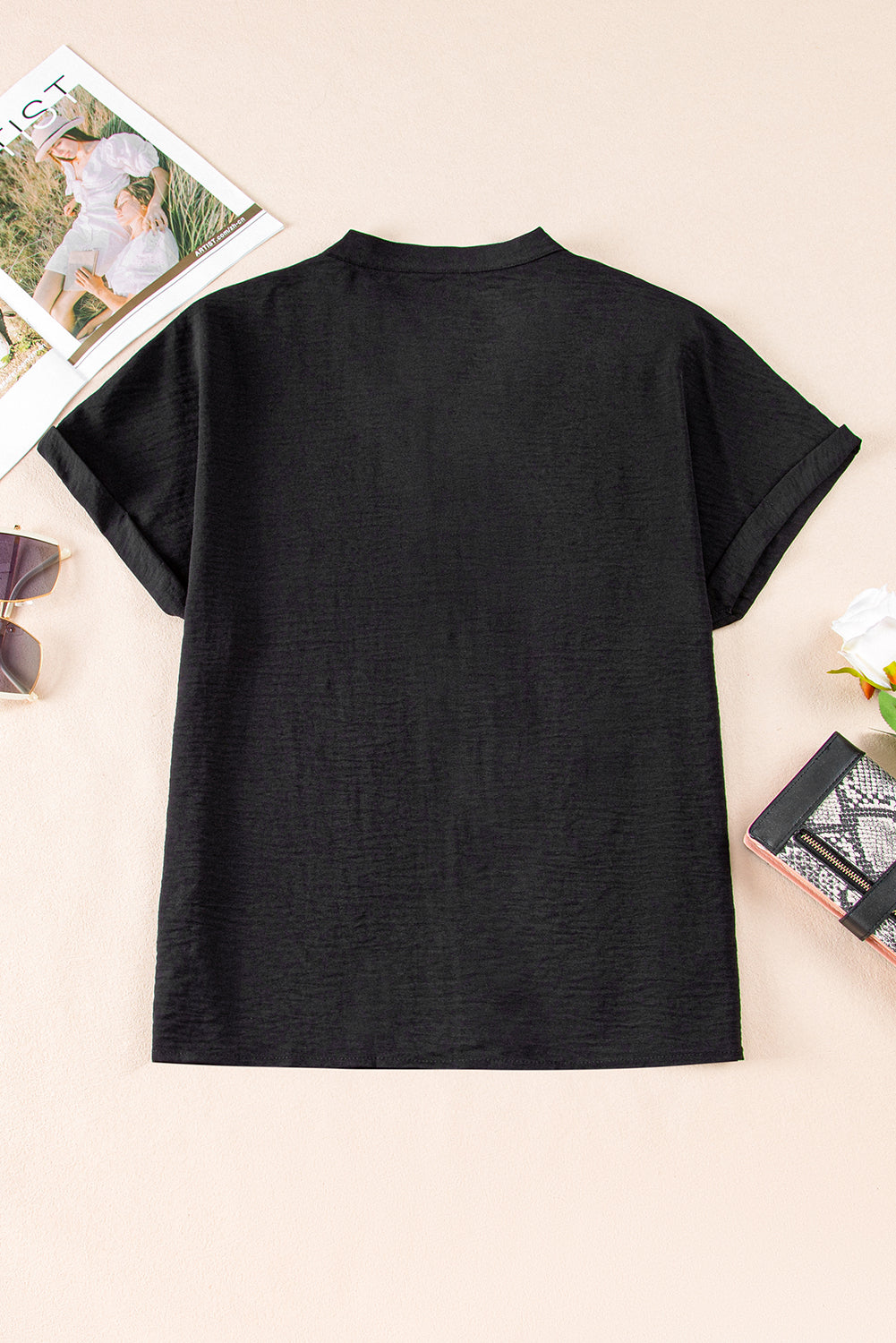 Black Notched Neck Batwing Sleeve Lightweight Blouse