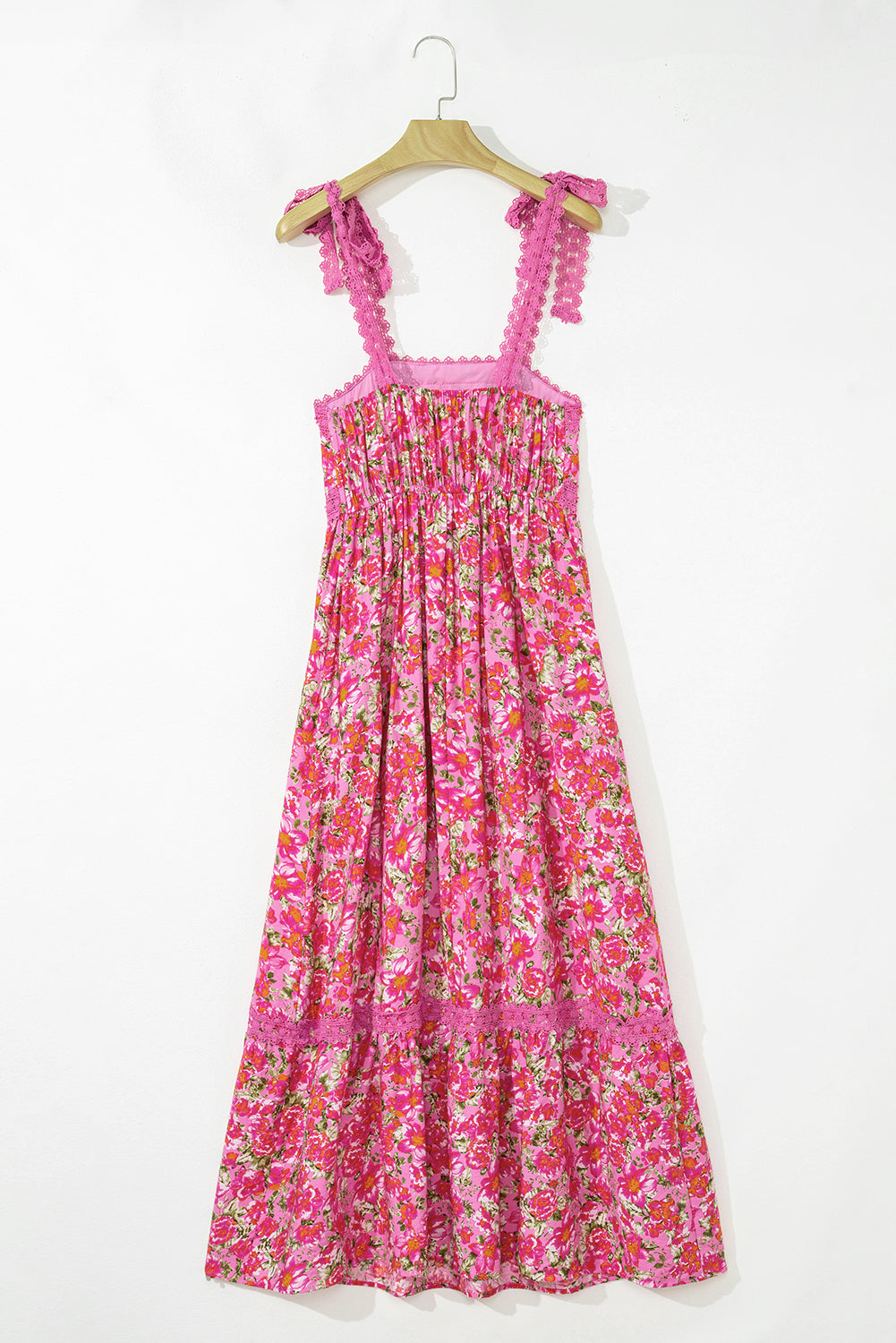 Pink Floral Lace Tied Strap Empire Waist Maxi Dress