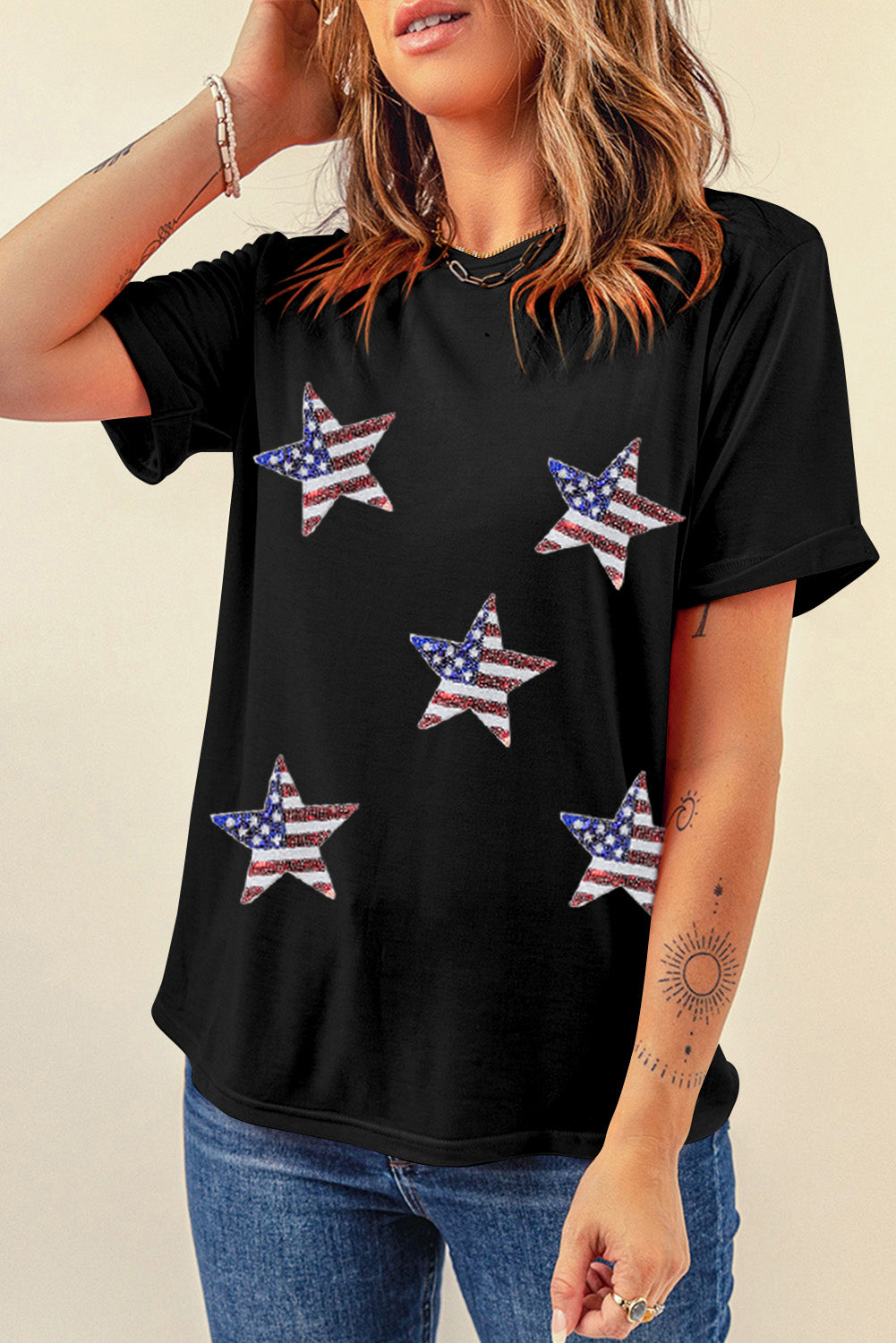 White Sequin American Flag Can Oversized Graphic Tee