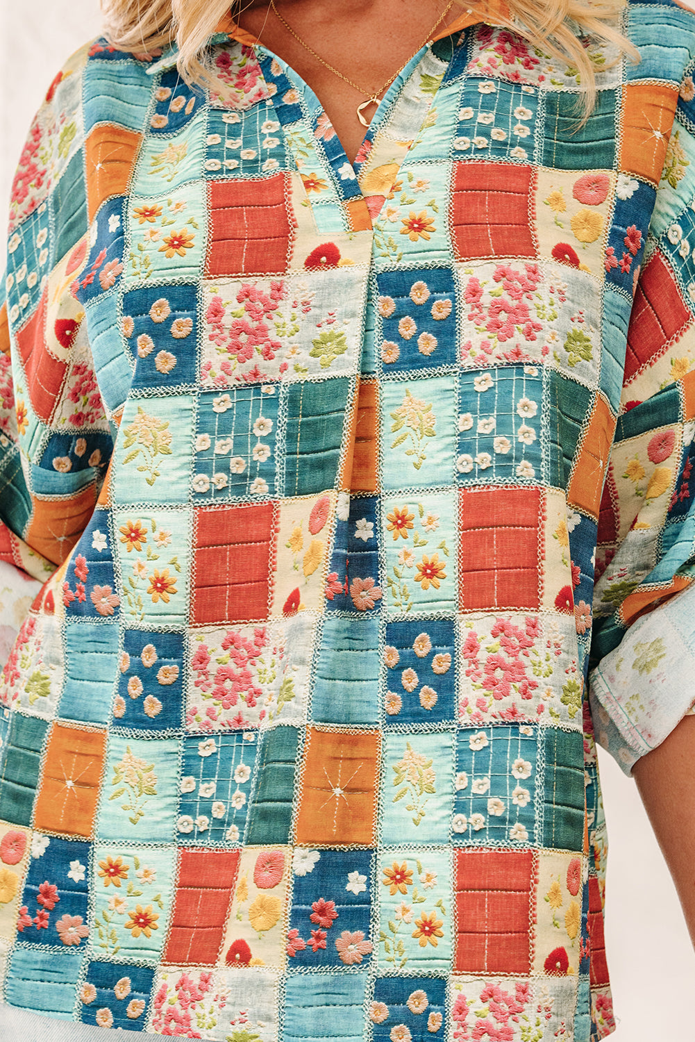 Sky Blue Mix Floral Checkered Pattern Bubble Sleeve Ruffle Hem Dress