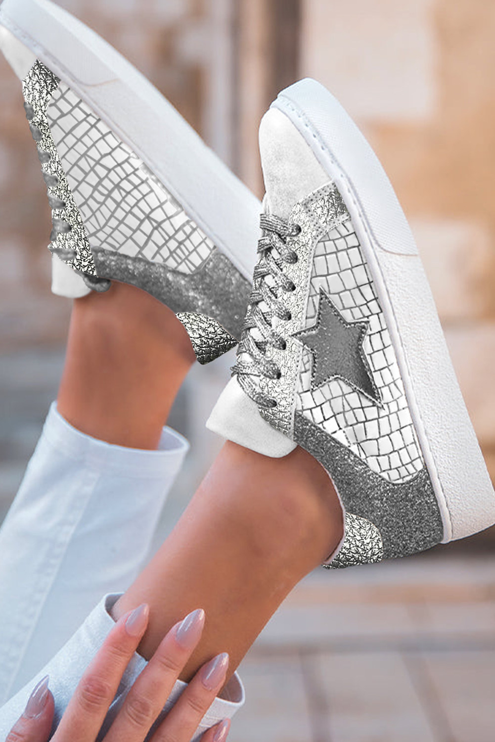Dearlove Gold Glitter Star Patchwork PU Leather Lace-up Sneakers