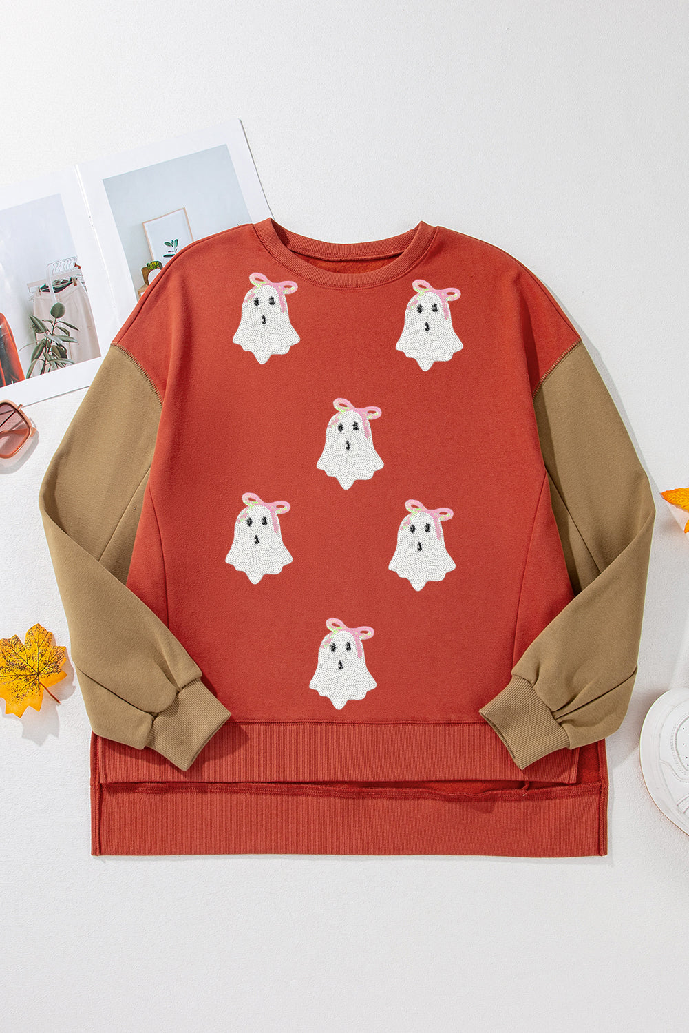 Gold Flame Glitter Ghost Patched Pattern Colorblock Sweatshirt