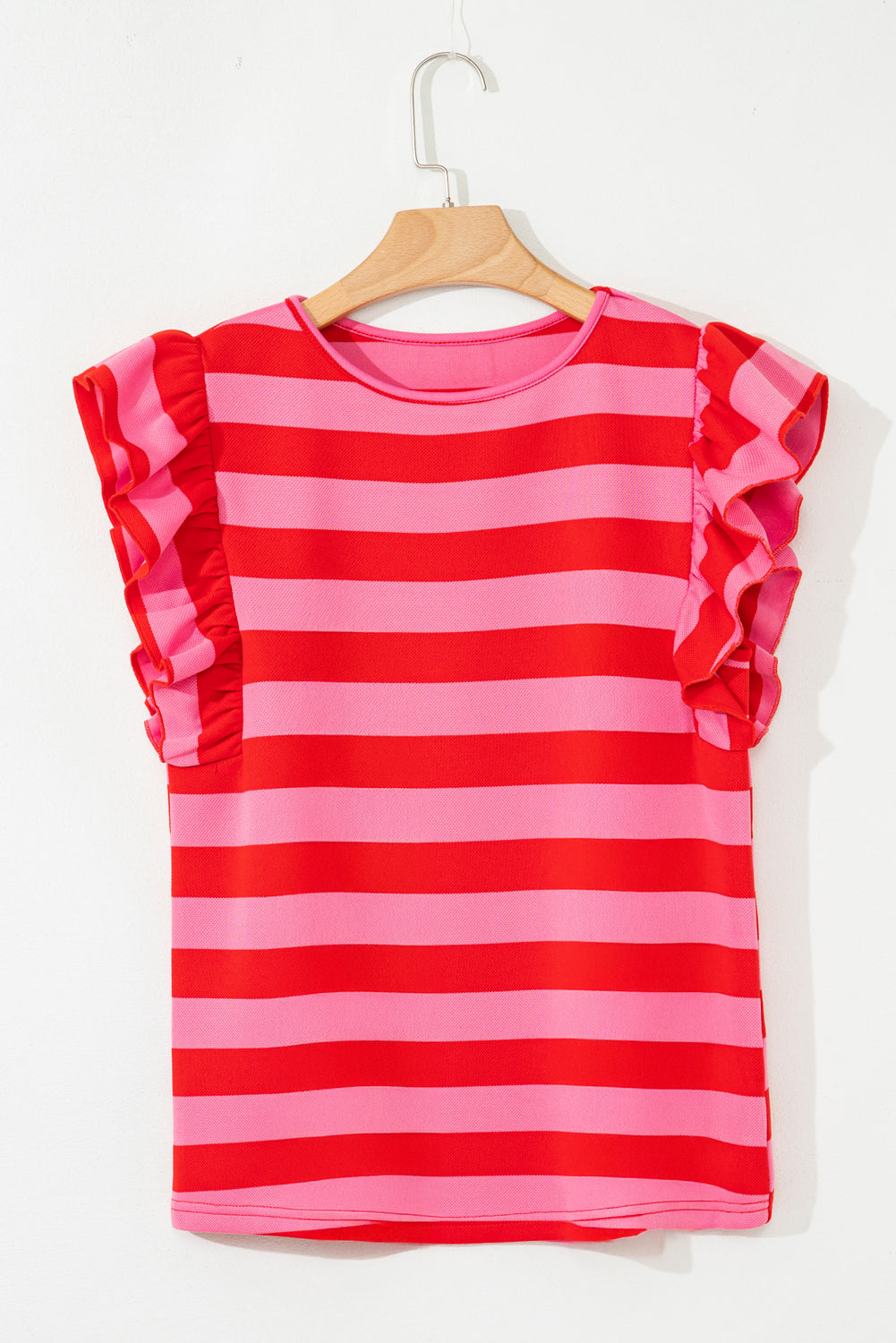 Green Stripe Flutter Sleeve Round Neck Shift Dress