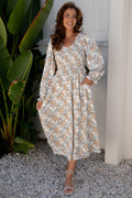 Khaki Maple Grove Floral Smocked Puff Sleeve Long Dress