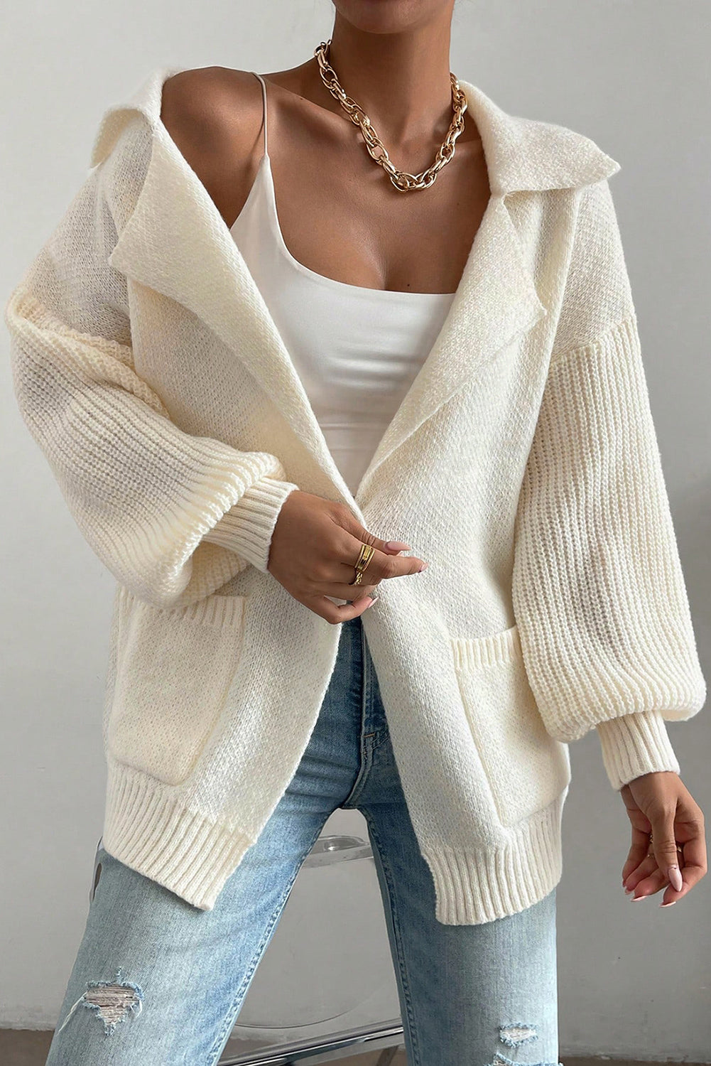 Beige Solid Color Knit Lapel Collar Single Button Sweater Cardigan