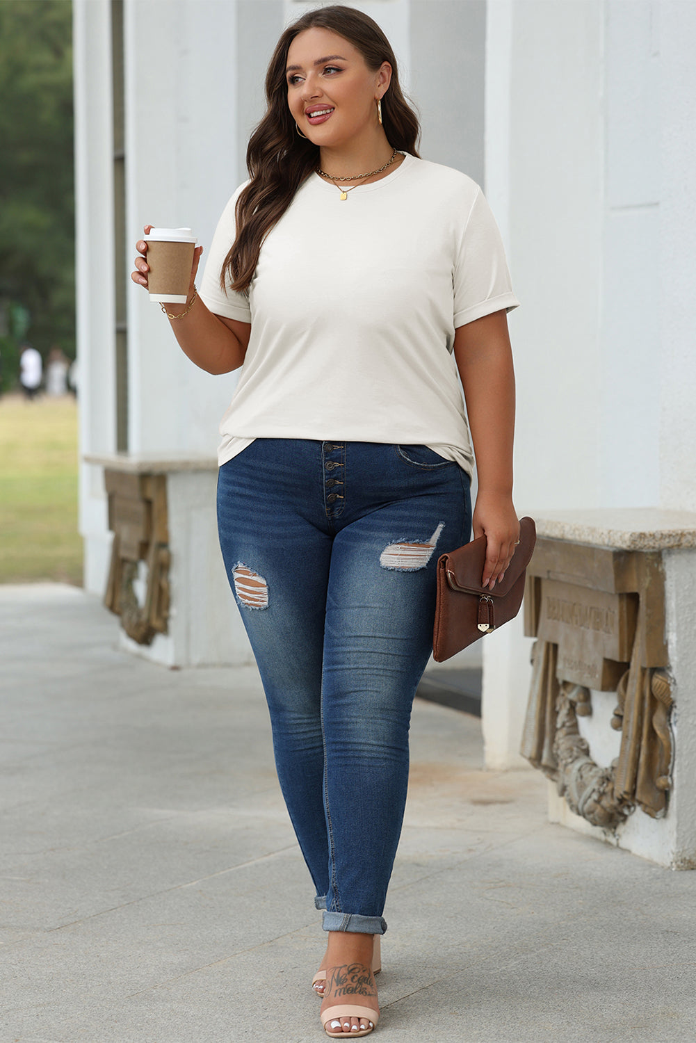 Khaki Casual Plain Crew Neck Tee