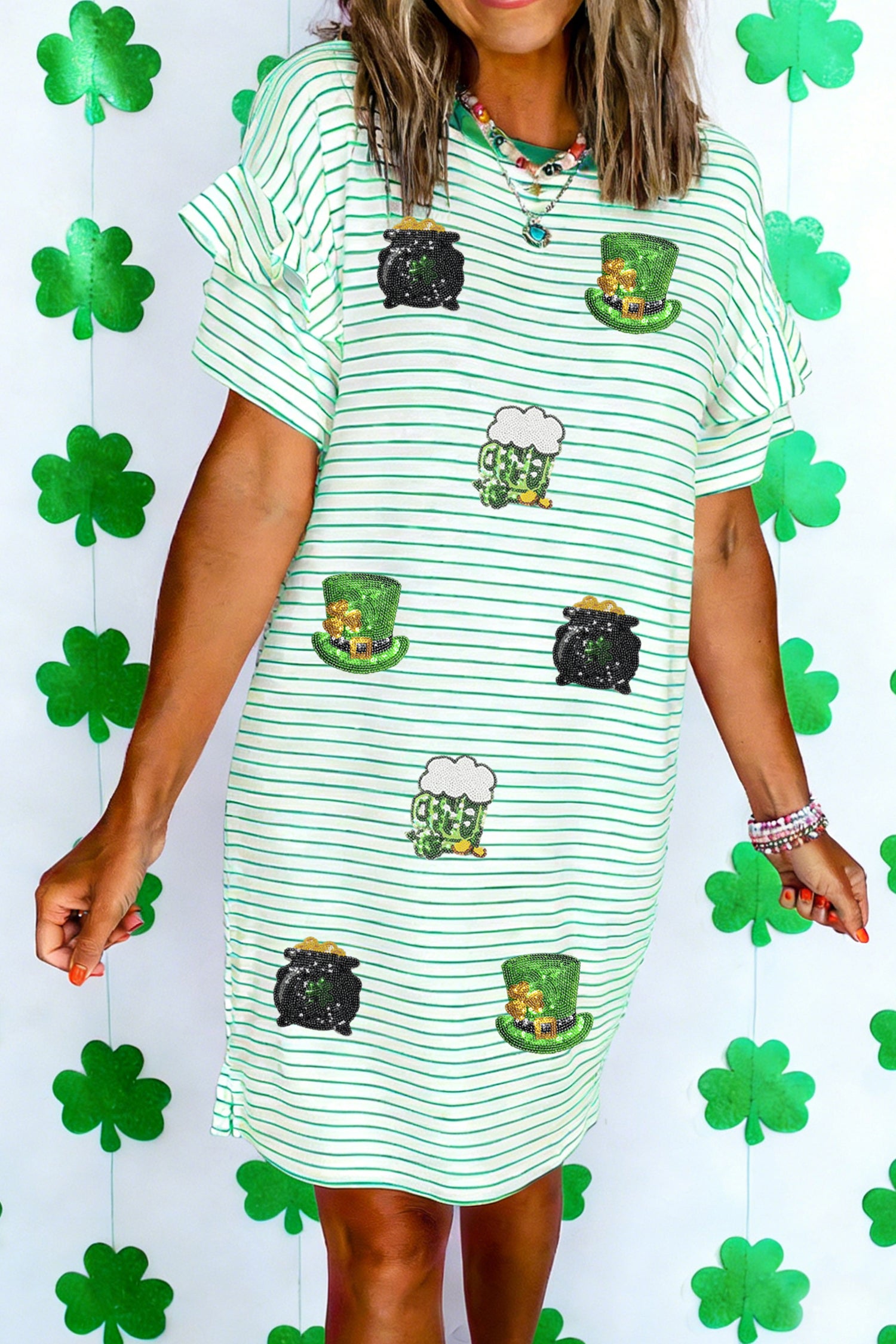 Green Stripe St Patricks Day Sequin Elements Patched Tee Dress
