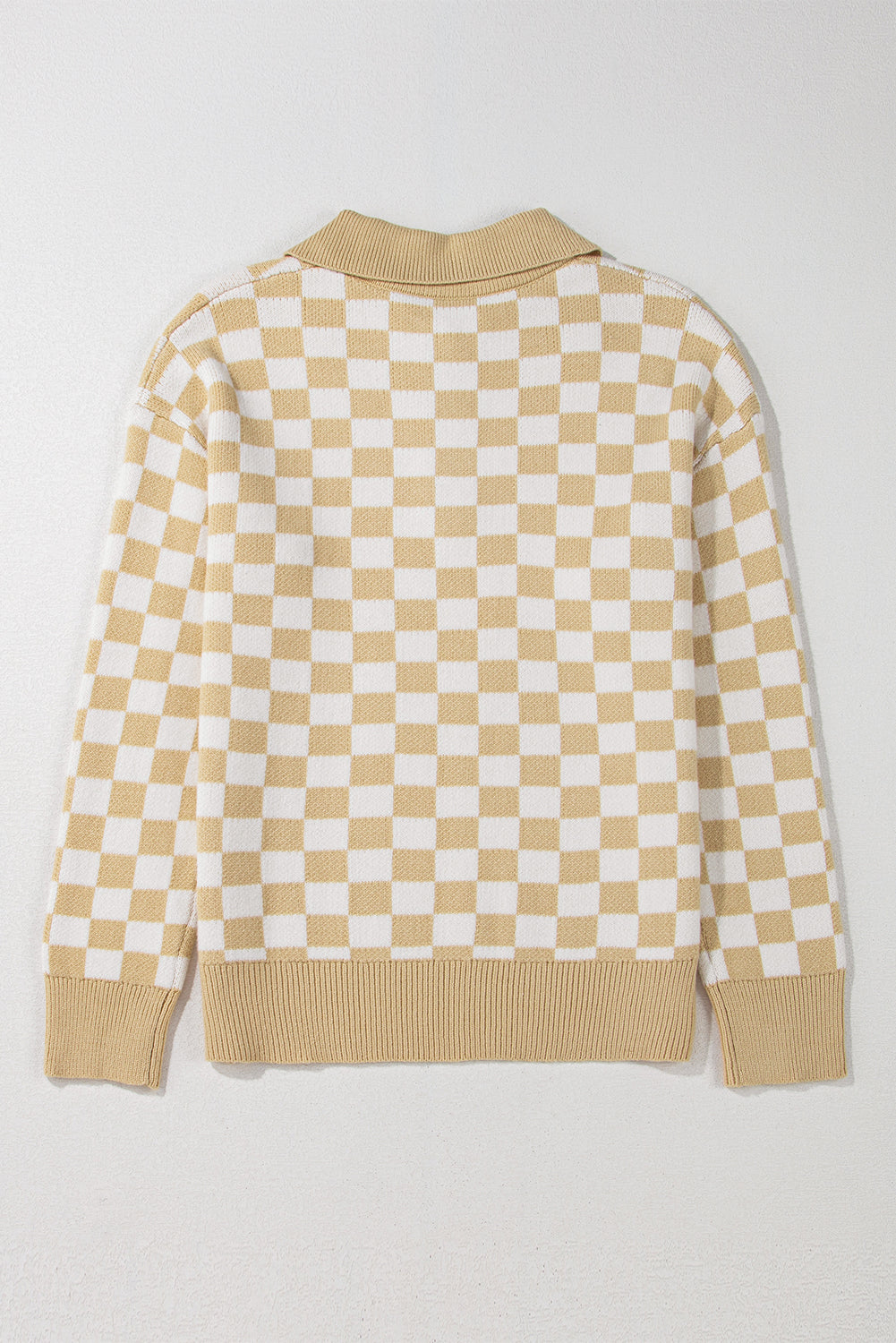 Pink Checkered Buttons Collar V Neck Drop Shoulder Sweater