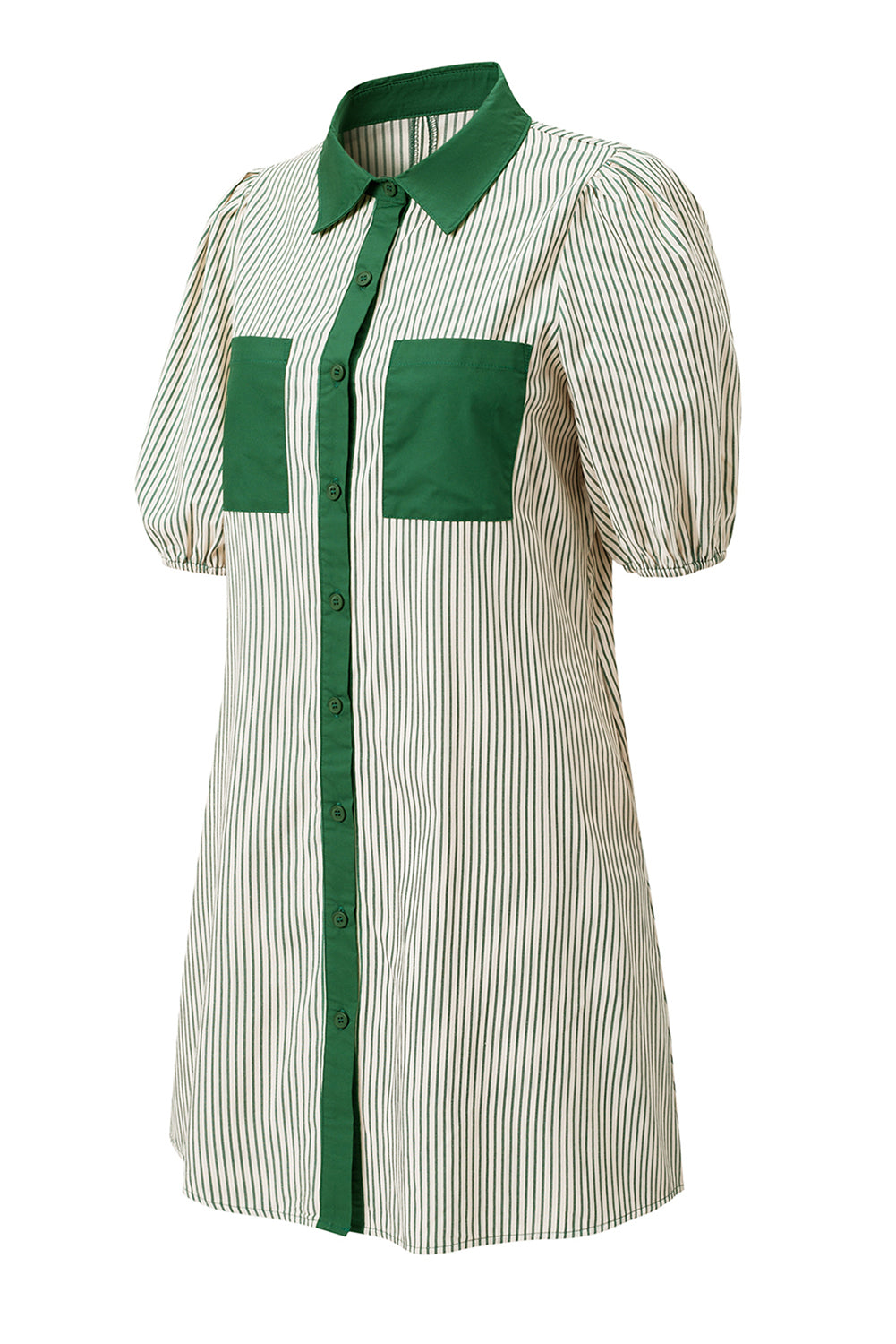 Black Stripe Color Block Patchwork Shirt Collar Button Down Puff Sleeve Mini Dress