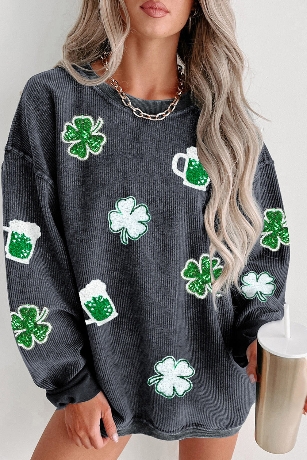 Green Sequin St Patrick Disco Ball Patch Corded Sweatshirt