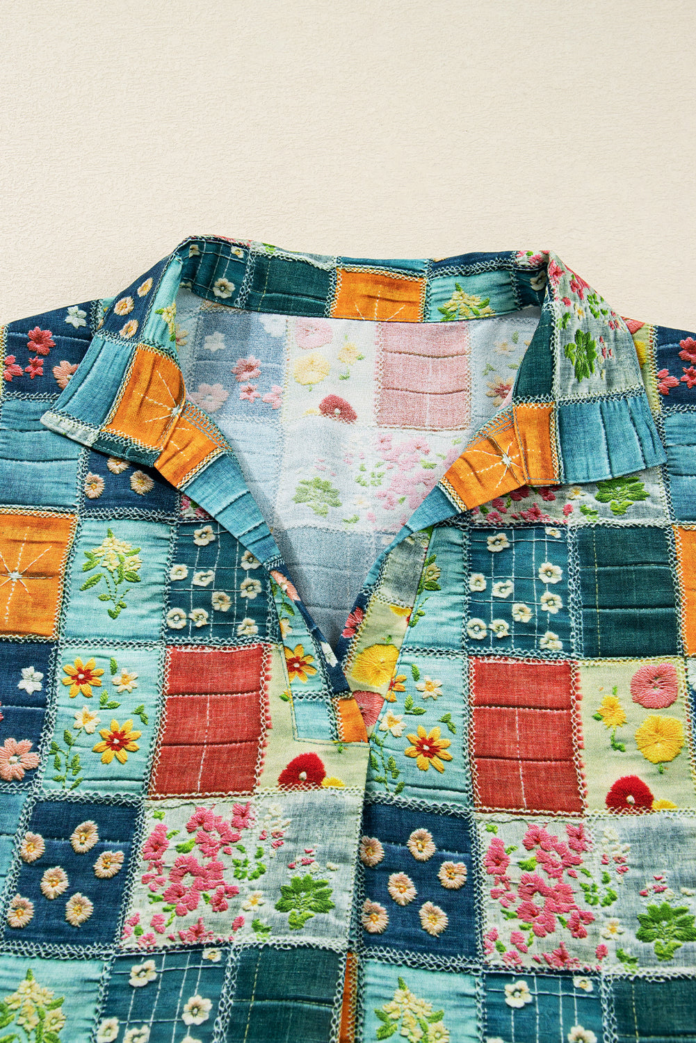 Sky Blue Mix Floral Checkered Pattern Bubble Sleeve Ruffle Hem Dress