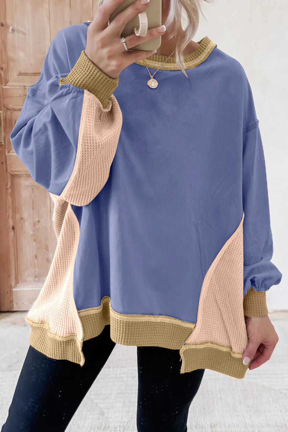 Light Pink Color Block Mix Texture Waffle Patchwork Oversize Sweatshirt