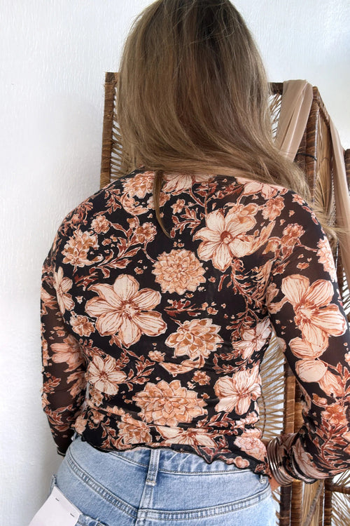 Black Floral Print Mesh Mock Neck Long Sleeve Top