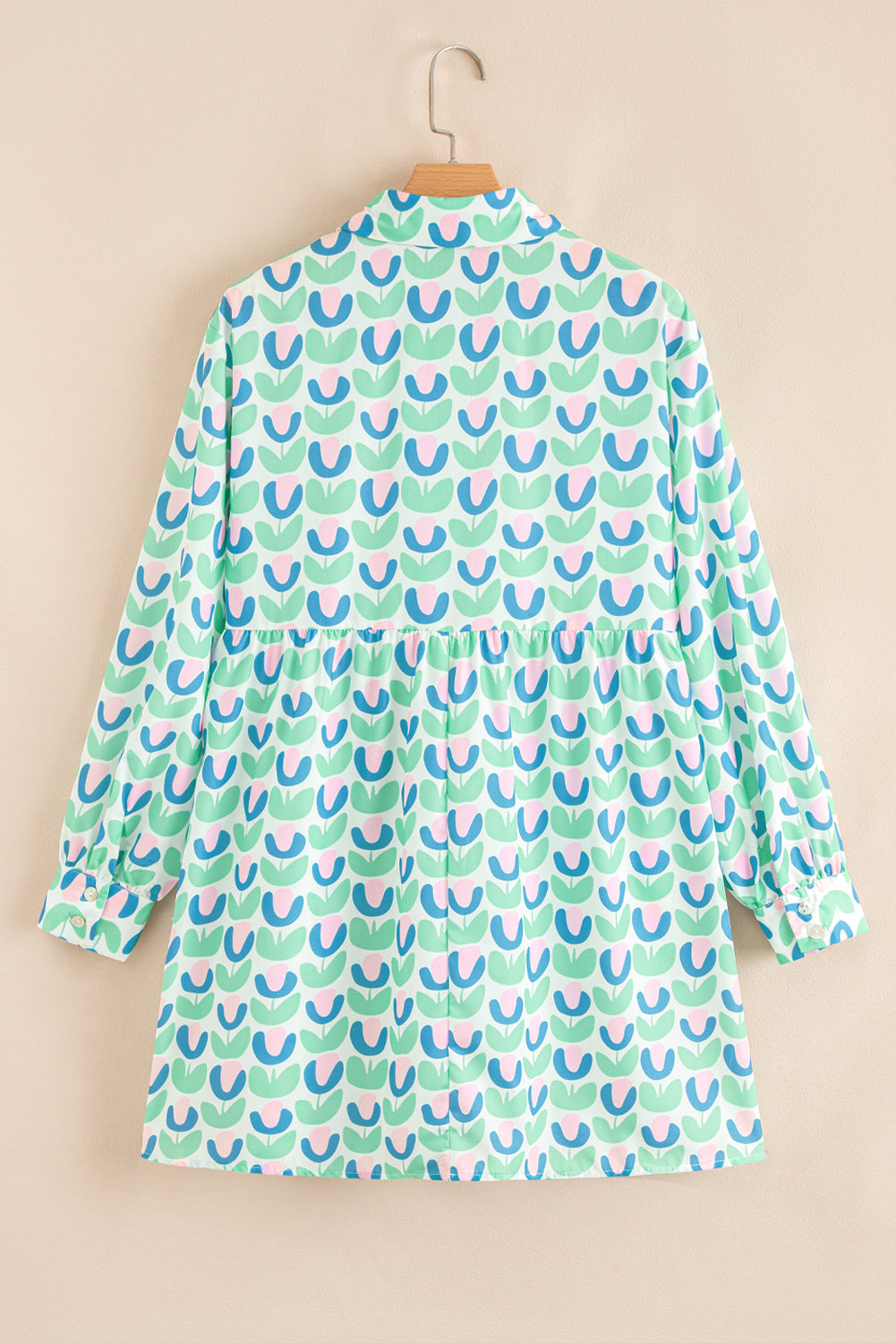 Green Floral Print Notched Neck Scalloped Detail Long Sleeve Mini Dress