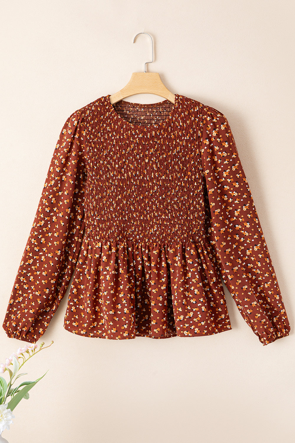 Black Boho Floral Smocked Bust Ruffled Peplum Blouse