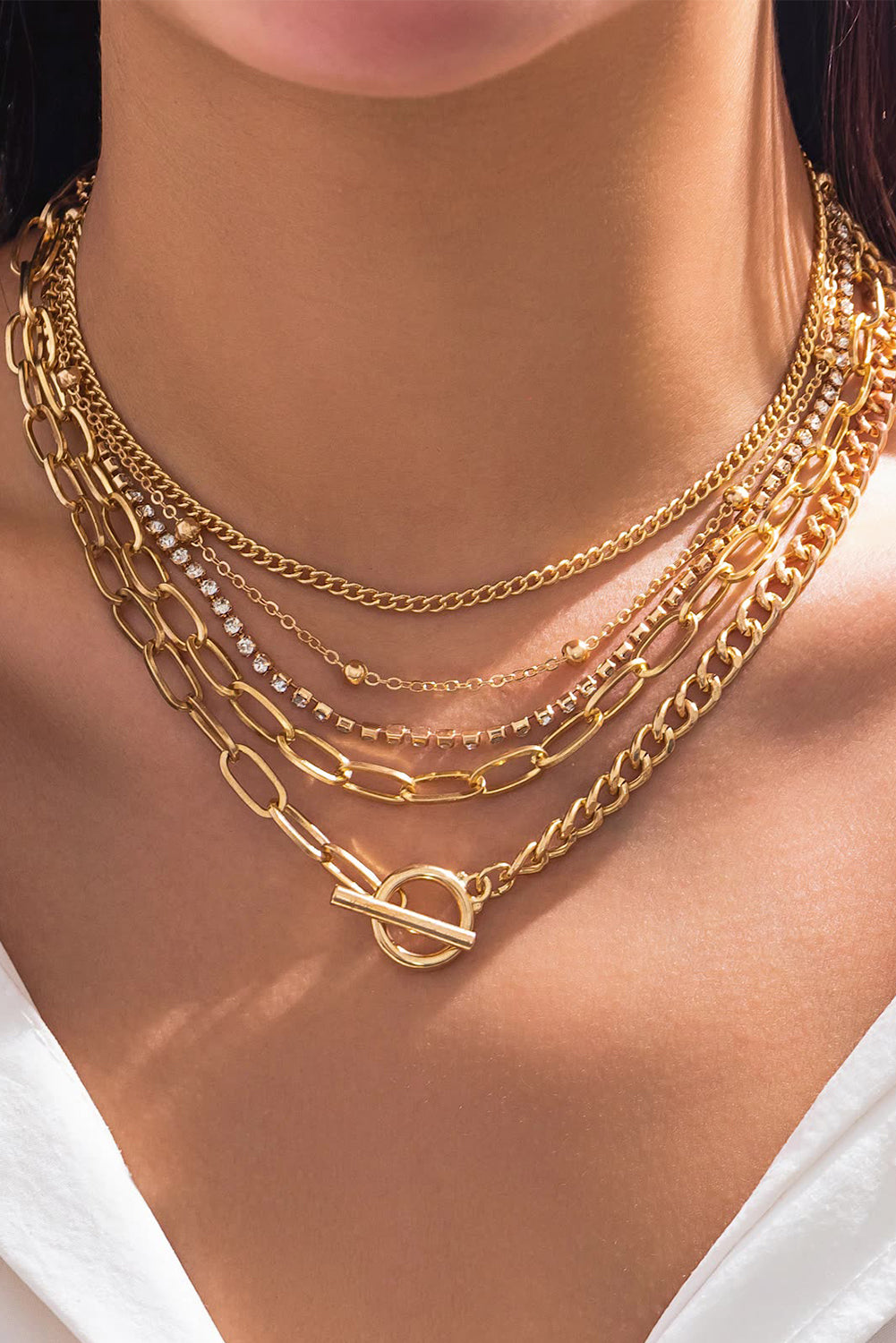 Silvery 5pcs Layered Rhinestone Plated Chain Collarbone Necklaces Set