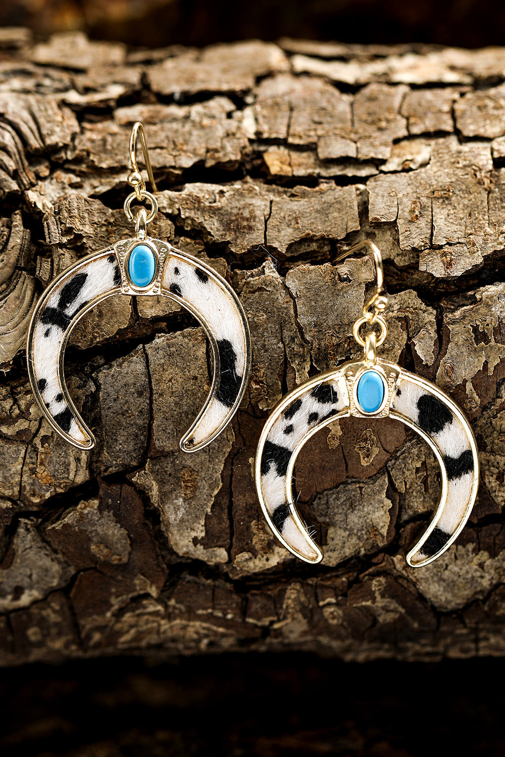 Black Cow Print Turquoise Inlay Crescent Shaped Dangle Earrings