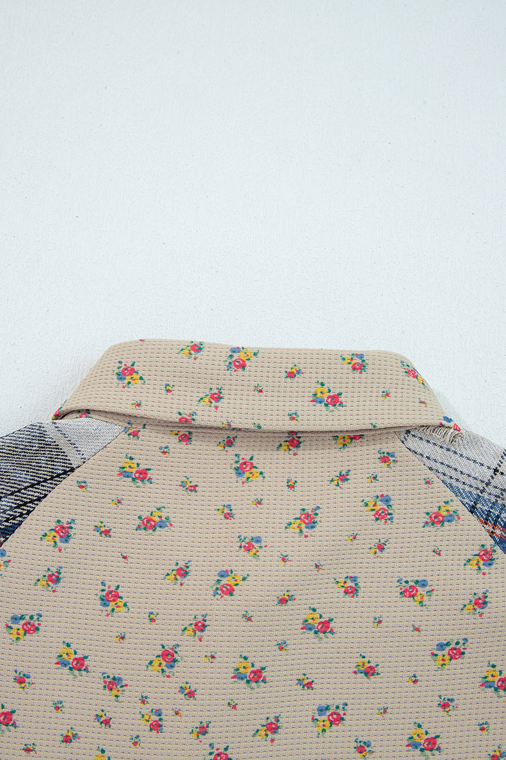 Mist Green Boho Floral Plaid Patchwork Distressed Detail Ruffled Sleeve Waffle Knit Shacket