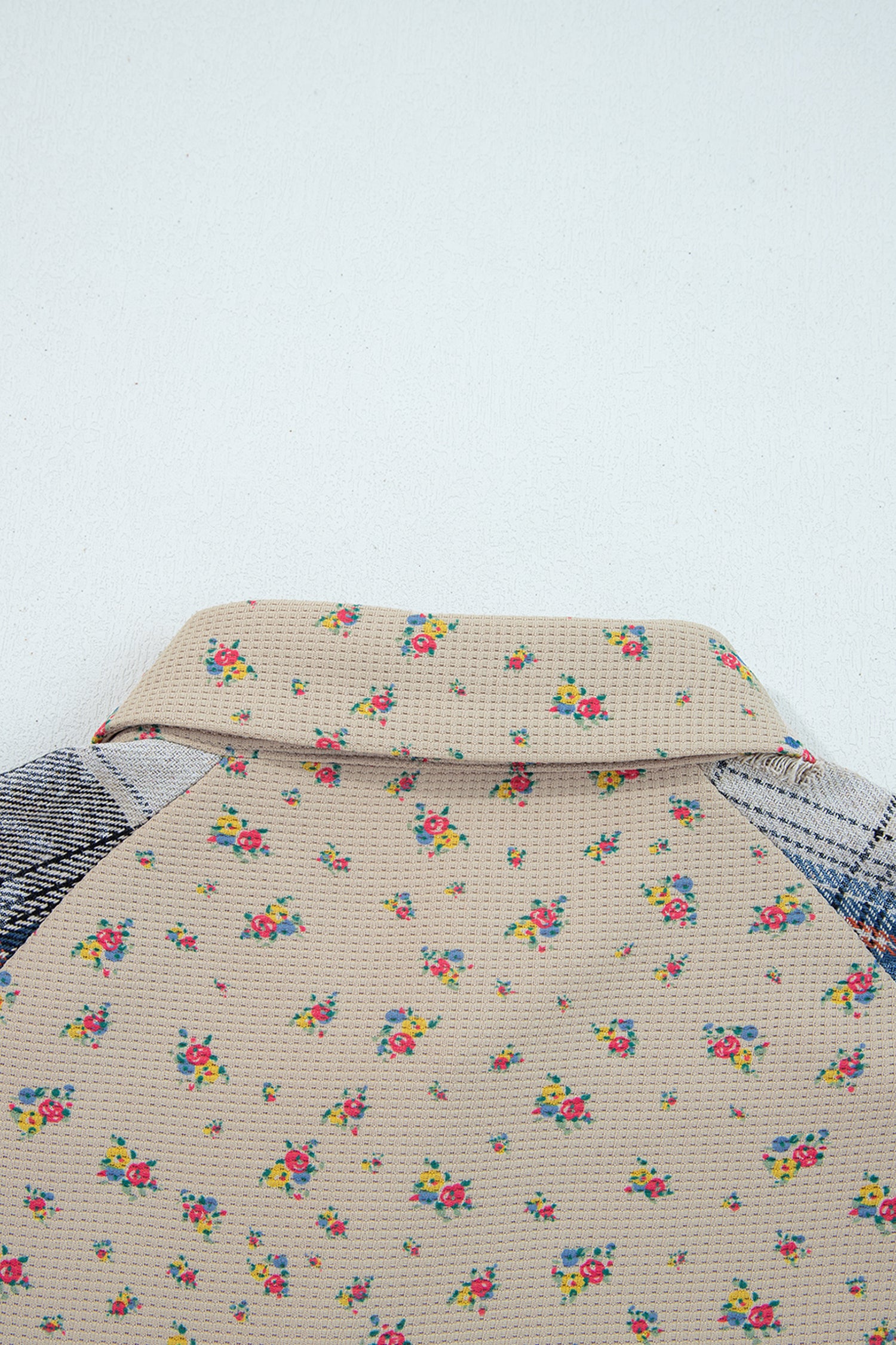 Mist Green Boho Floral Plaid Patchwork Distressed Detail Ruffled Sleeve Waffle Knit Shacket