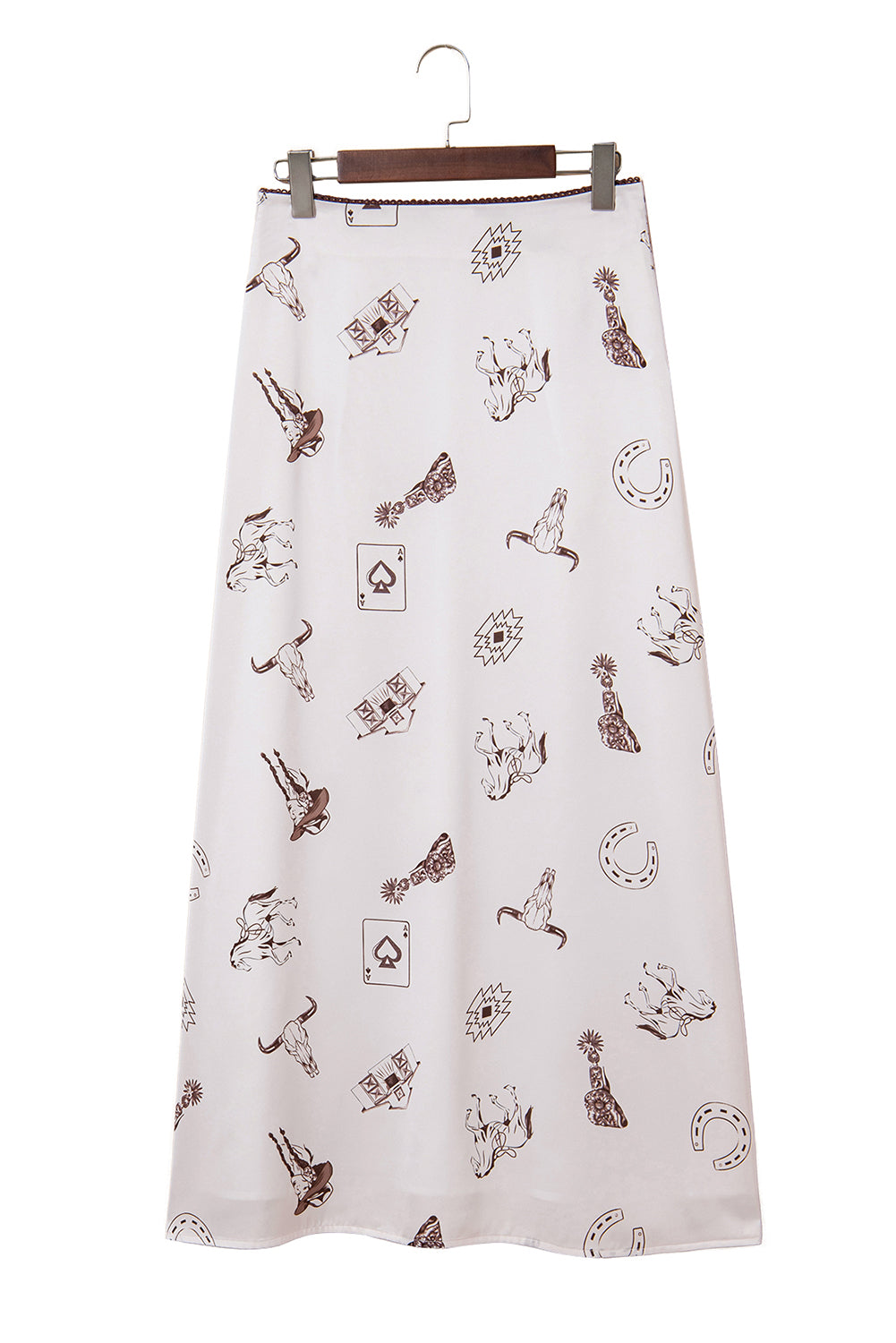 Beige Western Print Satin Long Skirt