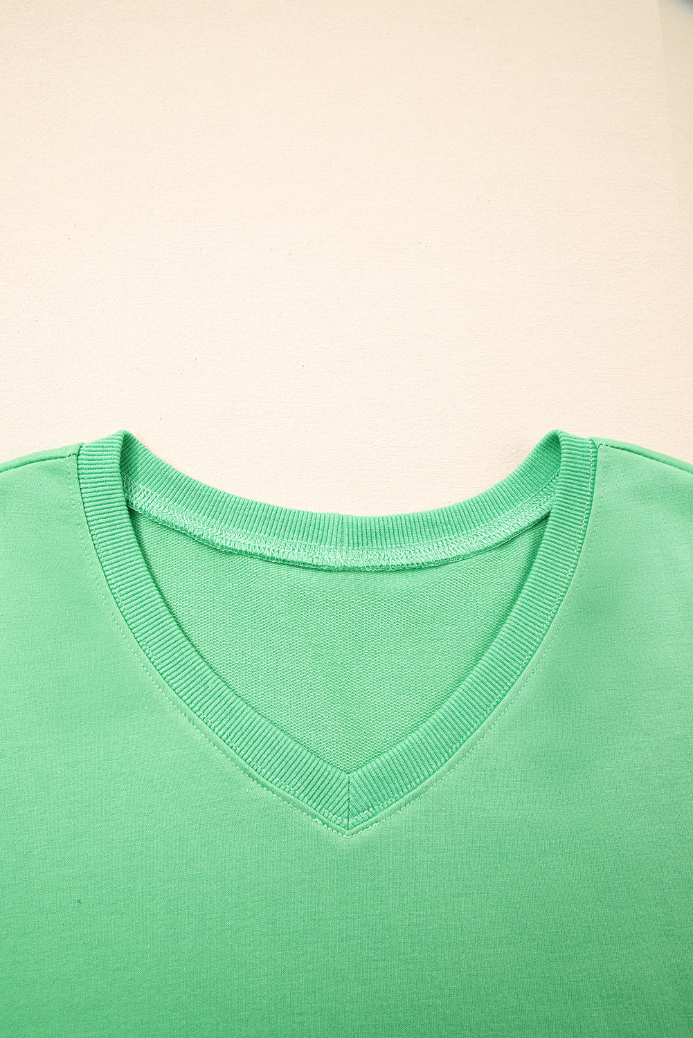 Mint Green V Neck Drop Shoulder Tee and Patchwork Drawstring Elastic Waistband Shorts Set