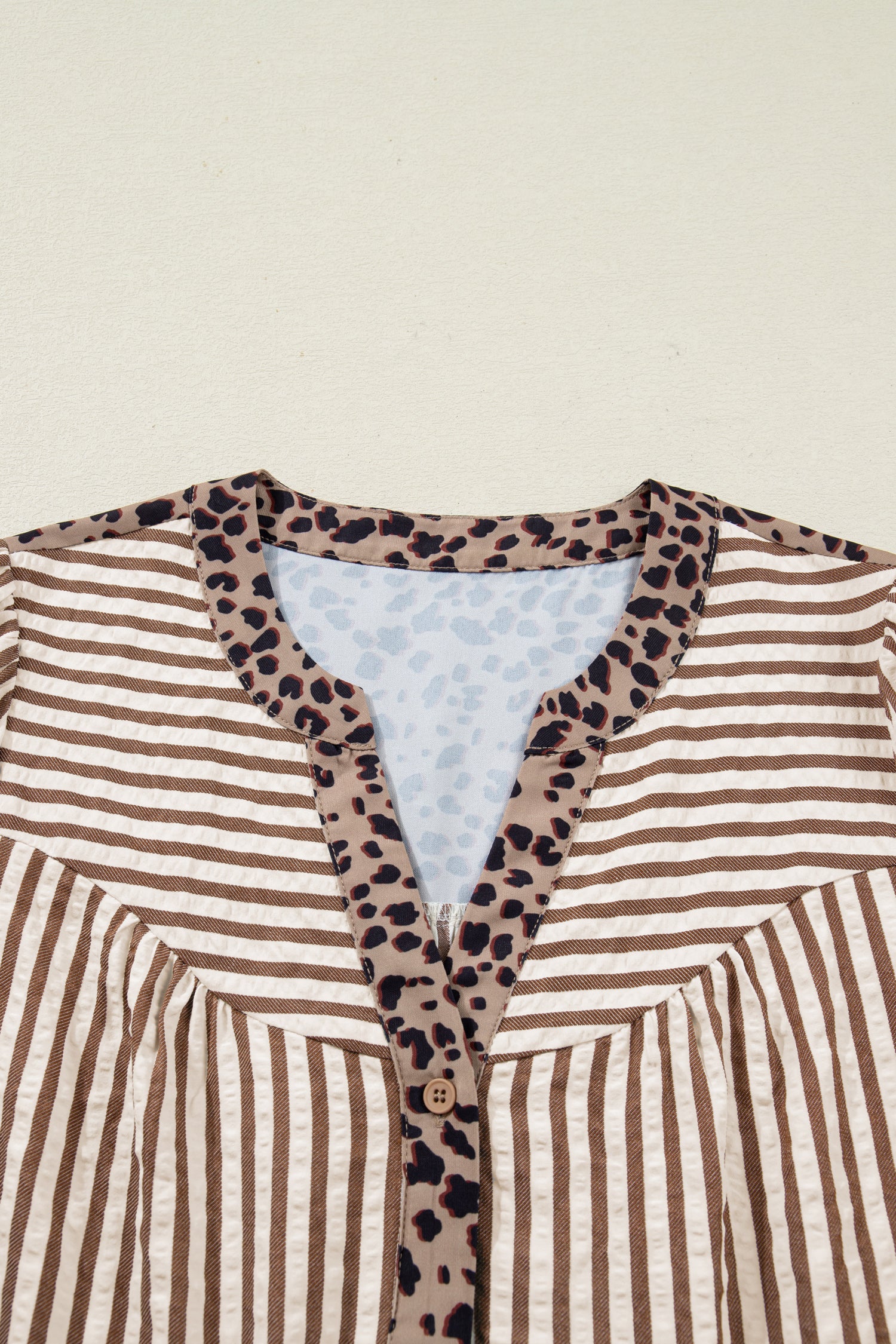 Sky Blue Stripe Leopard Trim V Neck Button Down Half Sleeve Shirt
