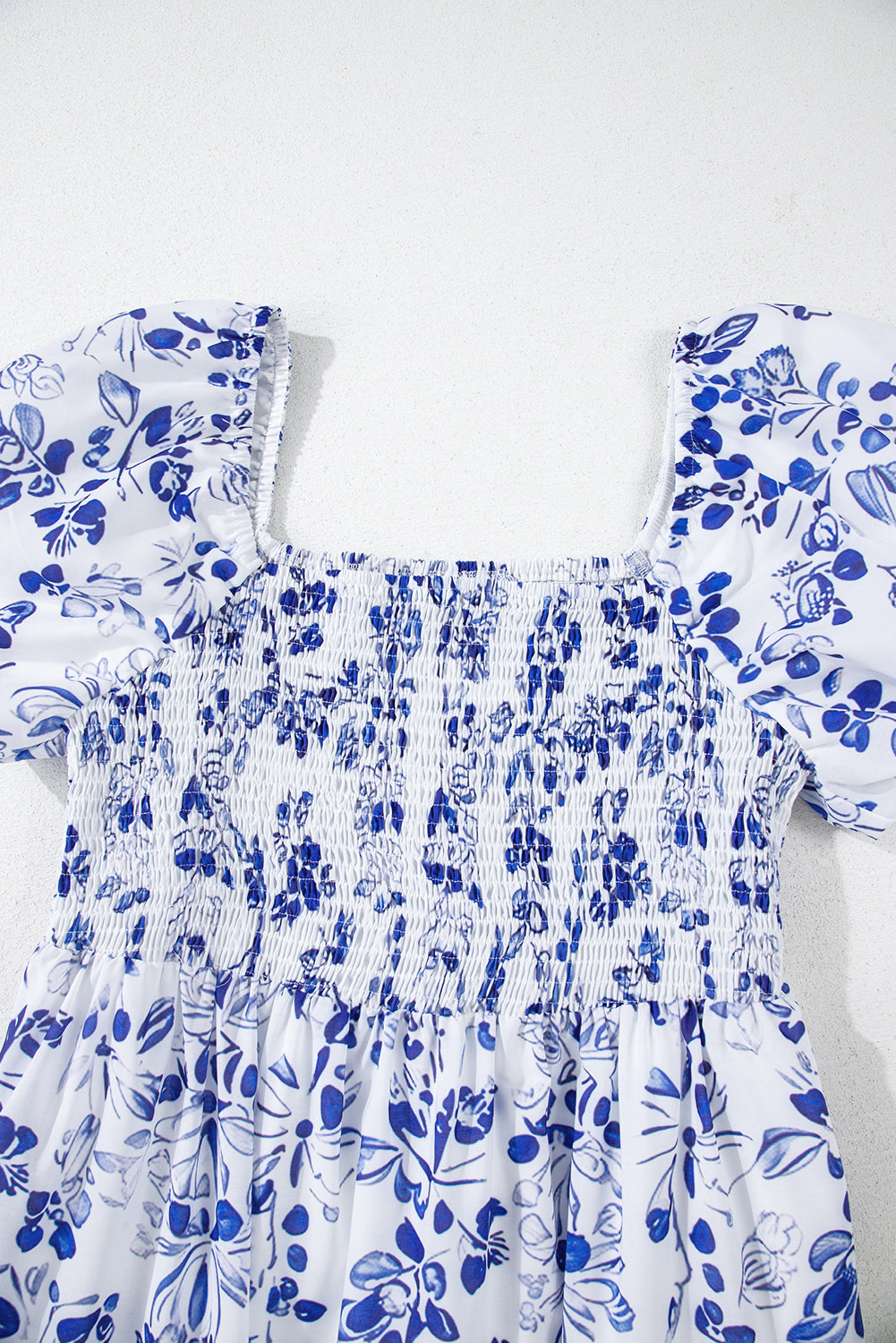 Sky Blue Floral Print Square Neck Bubble Sleeve High Waist Maxi Dress