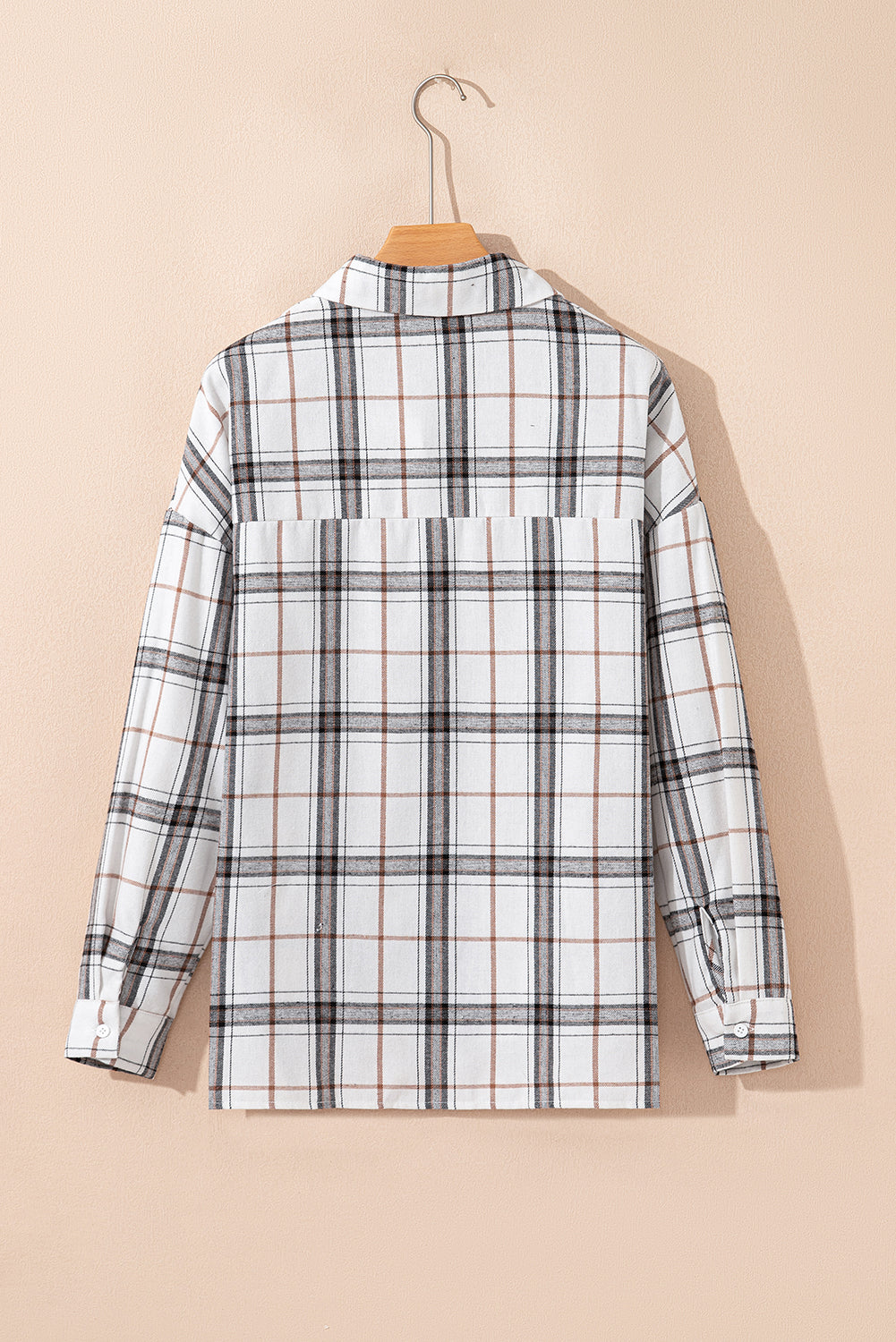 Red Plaid Print Collared V Neck Loose Blouse with Side Slits