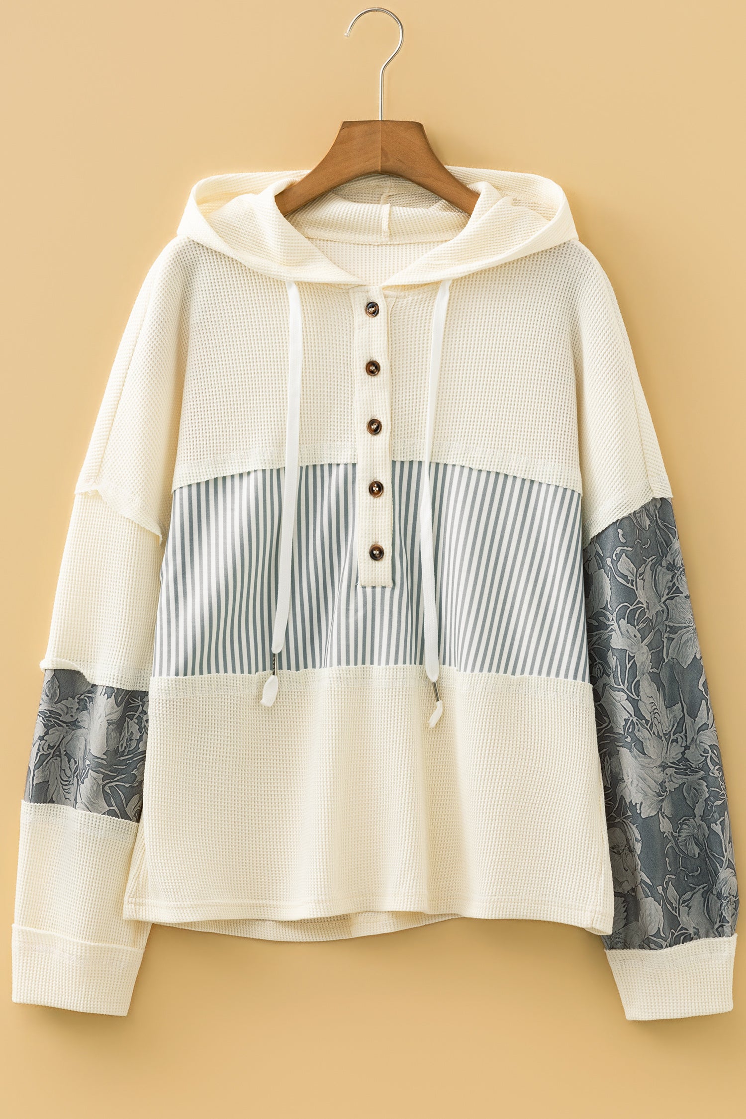 Gray Waffle Printed Patchwork Drawstring Hooded Long Sleeve Top
