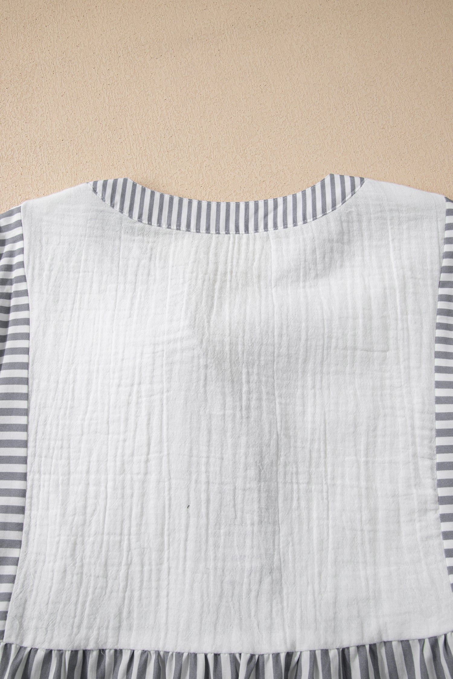 Gray Stripe Half Button Gauze Patchwork Bracelet Sleeve Babydoll Blouse