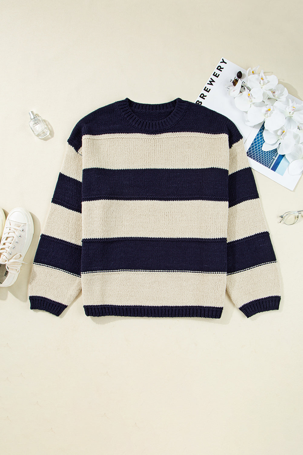 Khaki Stripe Color Block PLus Size Drop Shoulder Sweater