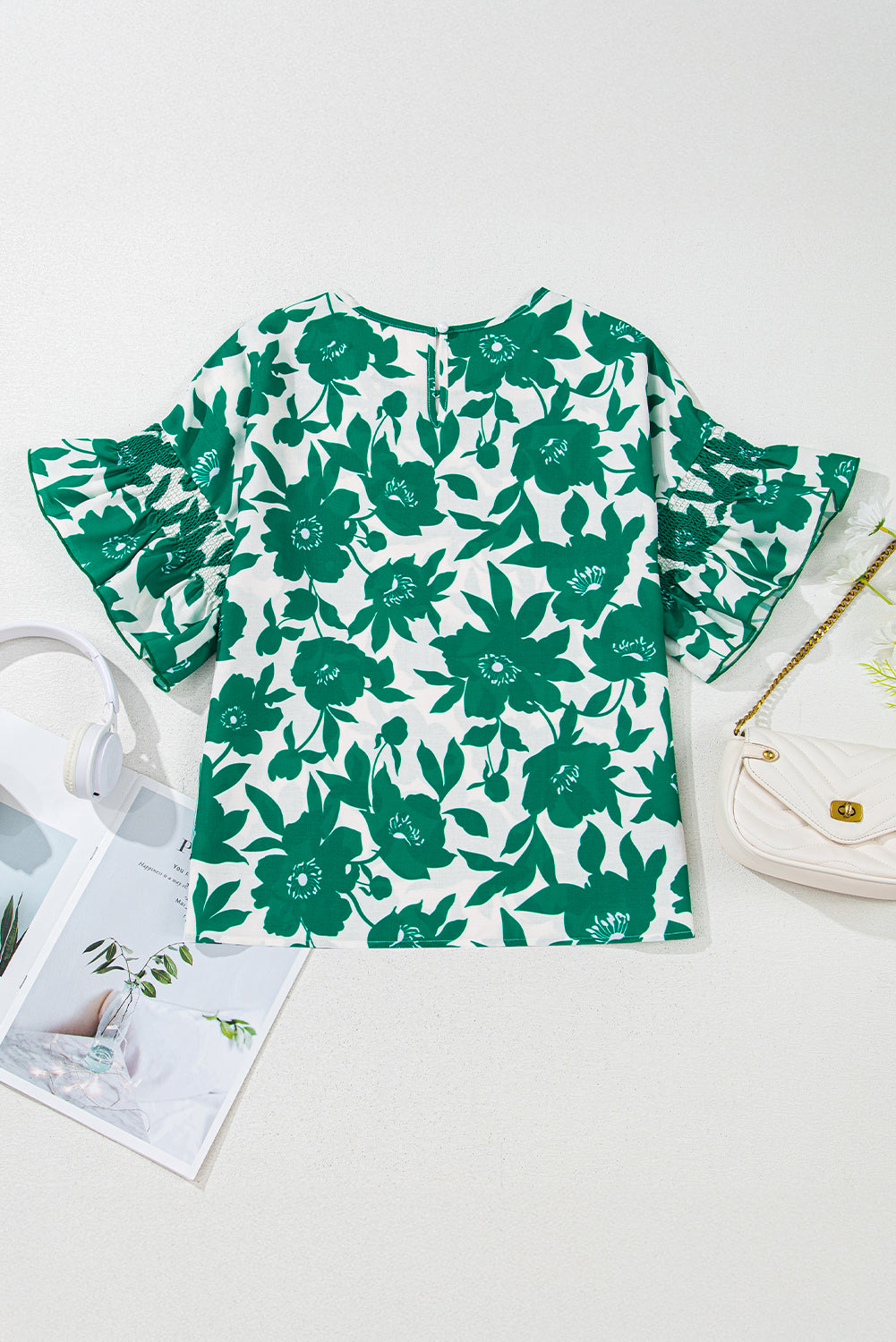 Pink Floral Printed Ruffled Short Sleeve Round Neck Loose Blouse
