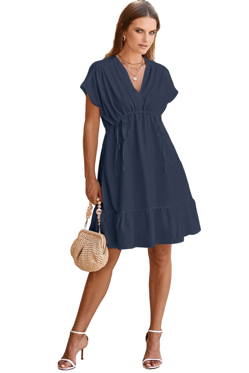 Navy Blue Double Drawstring Detail High Waist V Neck Short Sleeve Mini Dress