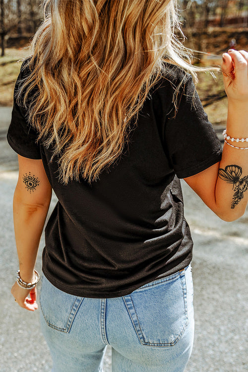 Black Cheerful Sequin Bow Patched Game Day T Shirt