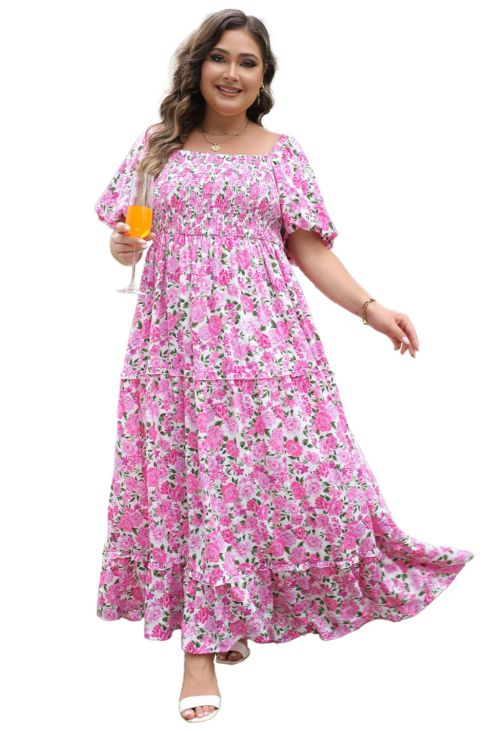 Pink Dainty Floral Smocked Puff Sleeve Flowy Long Dress