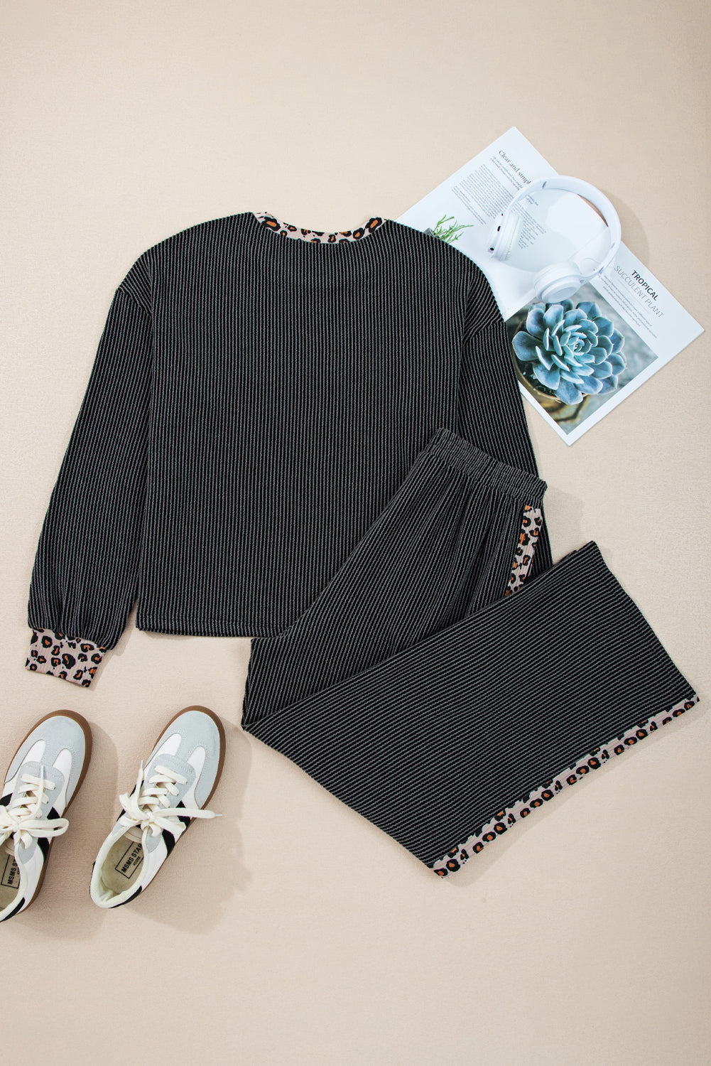 Carbon Grey Leopard Patchwork Edge Twisted Rib T Shirt and Cropped Pants Set
