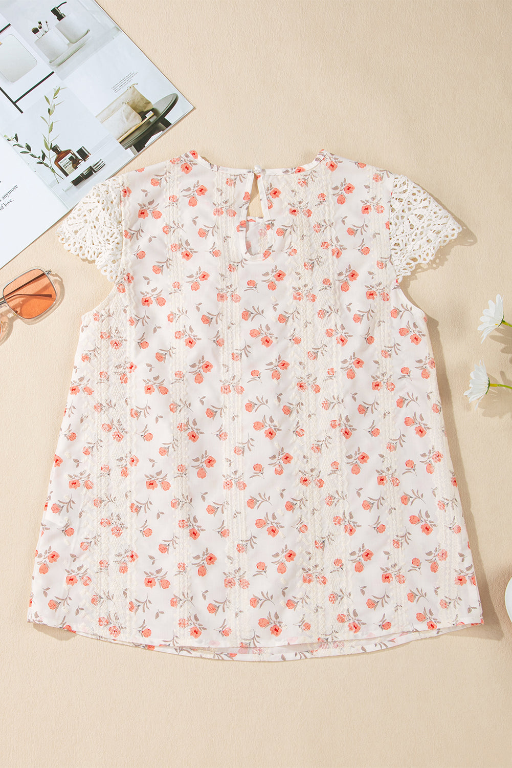 White Floral Eyelet Embroidered Puff Sleeve Notch V Neck Blouse