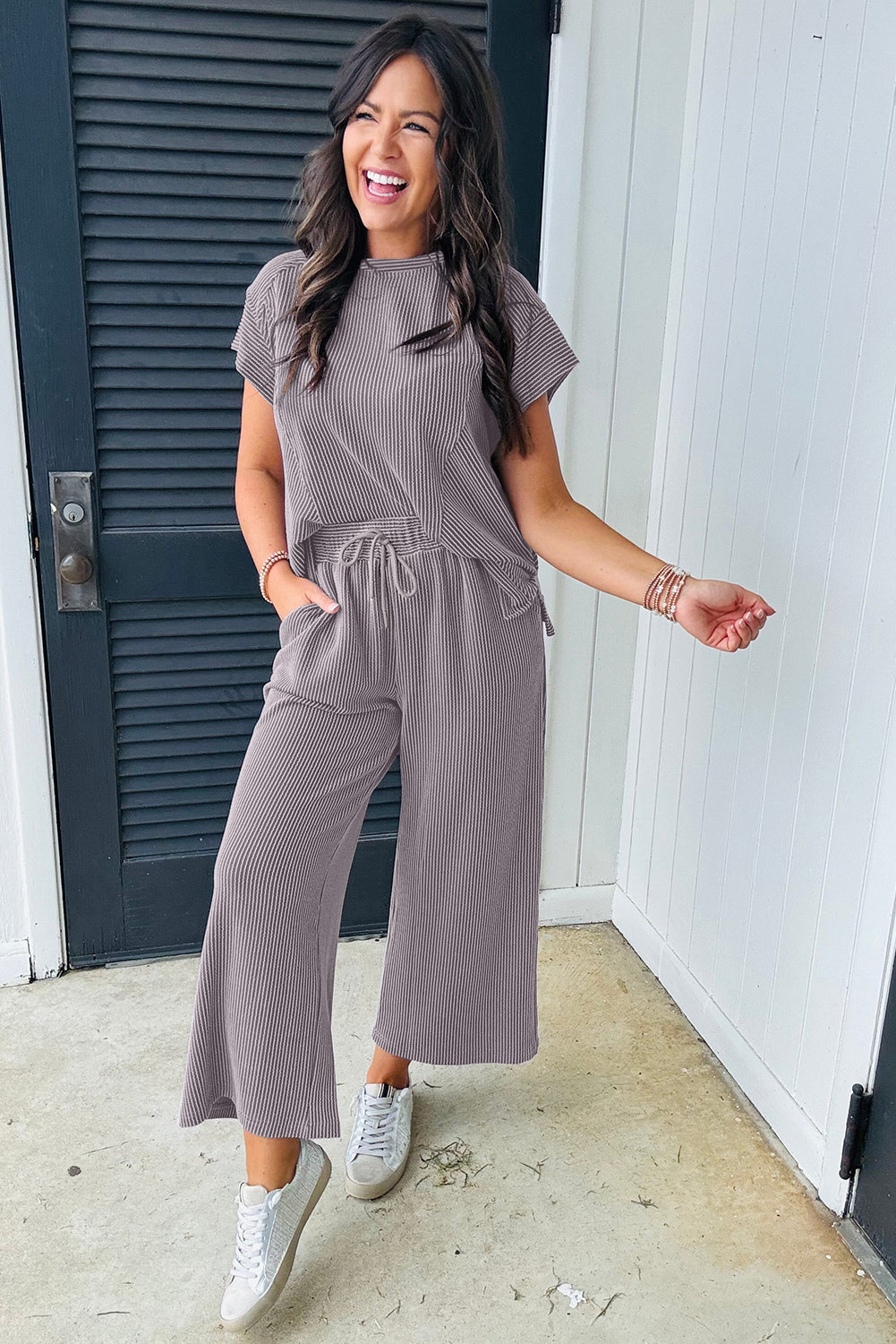 Blue Solid Corded Knit Short Sleeve T Shirt and Wide Leg Pants Set