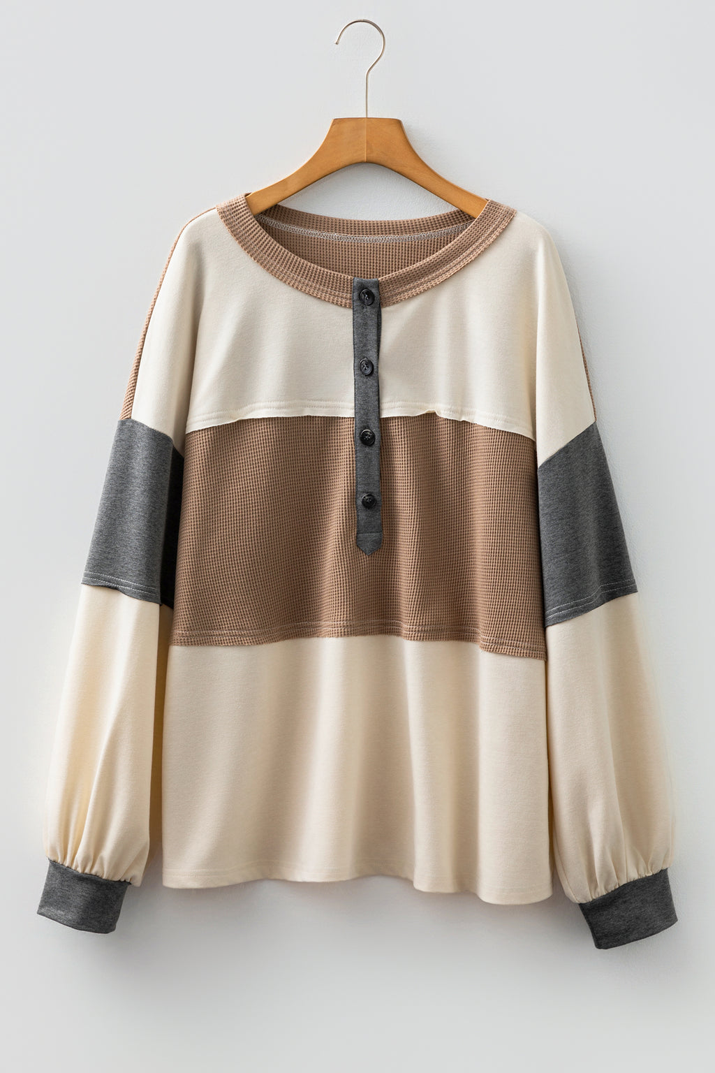 Jet Stream Color Block Waffled Patchwork Loose Henley Top