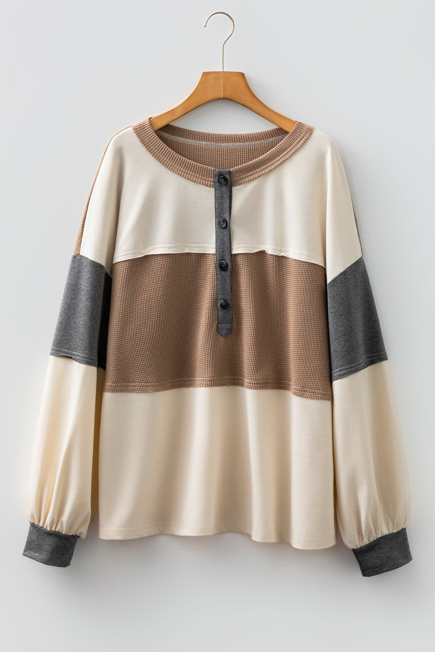 Jet Stream Color Block Waffled Patchwork Loose Henley Top