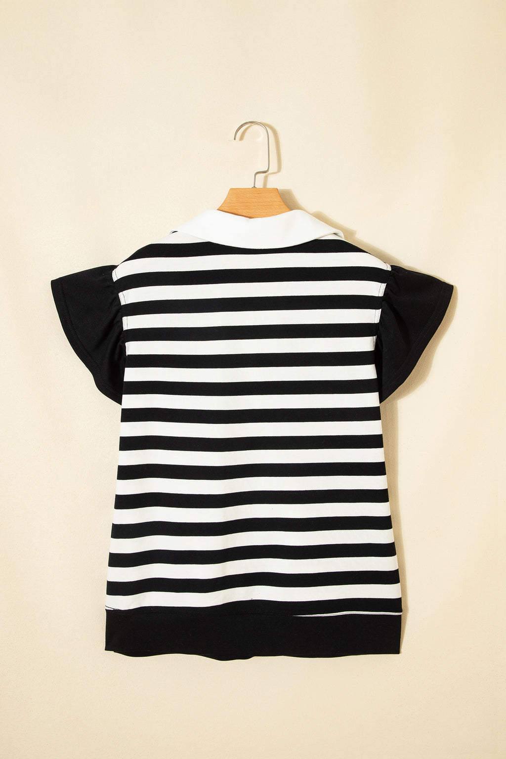 Pink Stripe Collar V Neck Ruffled Short Sleeve Blouse